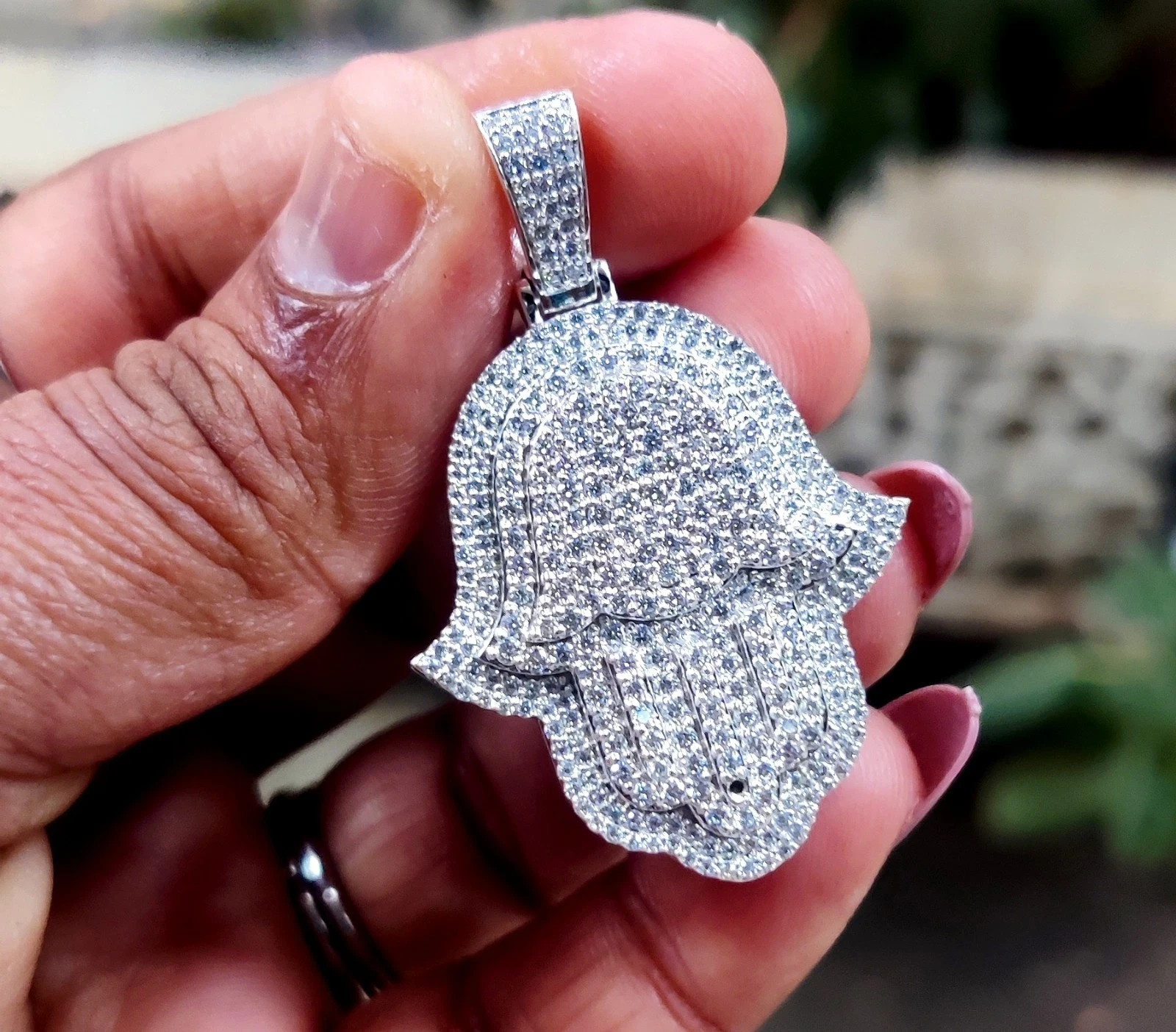 2Ct Round Lab-Created Diamond Hamsa Hand Pendant 14K White Gold Plated Silver