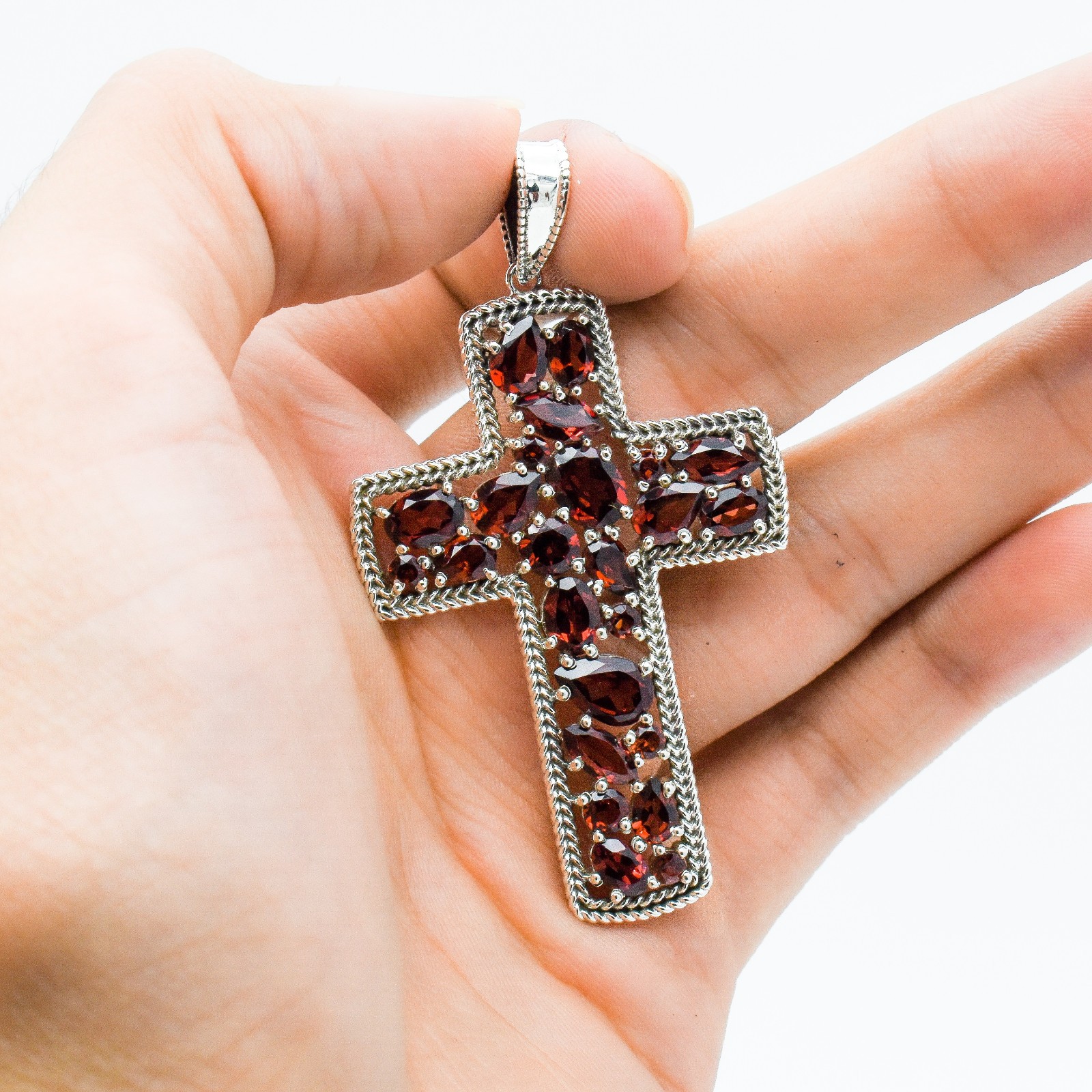 Genuine Garnet Cross Pendant Sterling Silver 925 Christian Jewelry Gift