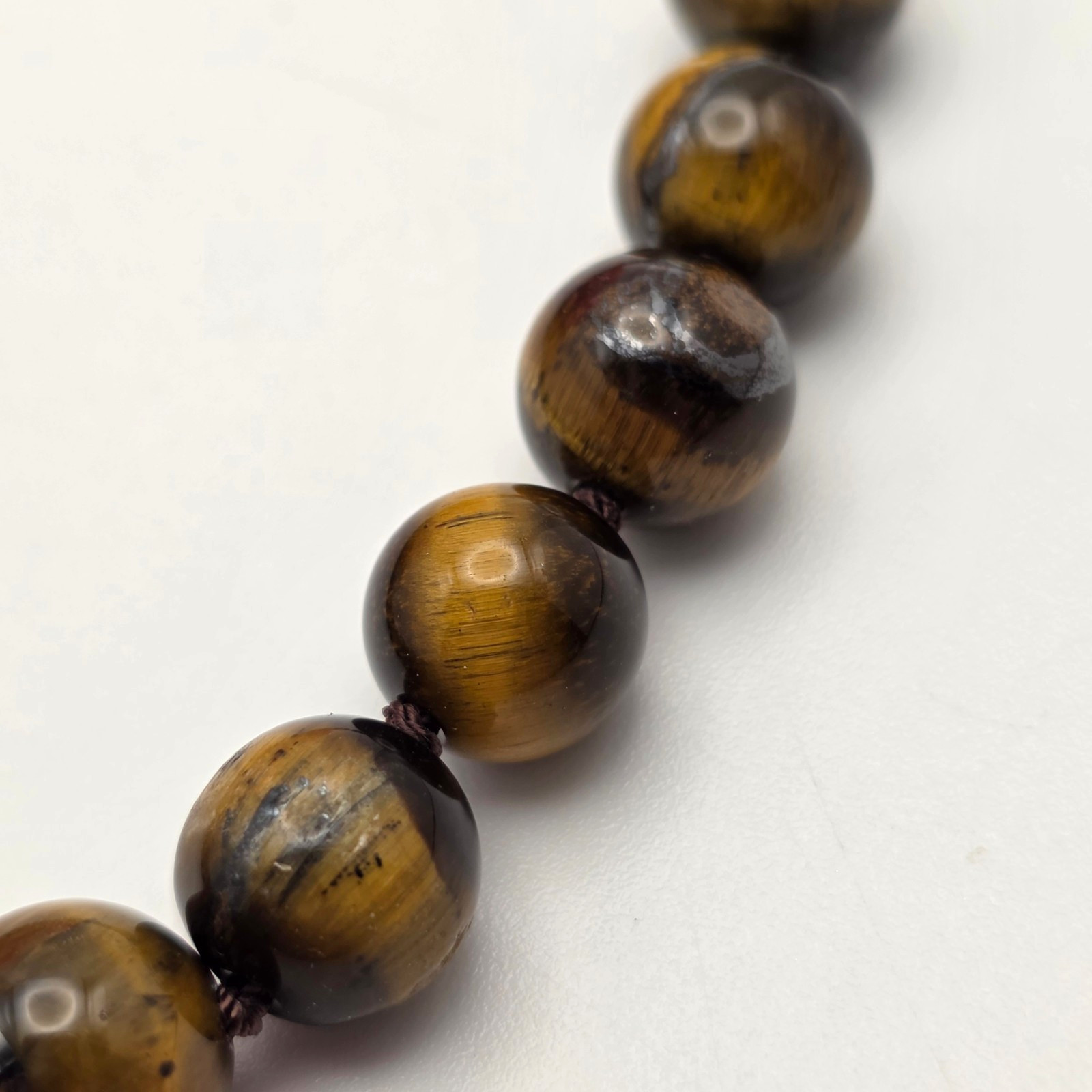 Genuine Tiger’s Eye Beaded Necklace Hand Knotted 925 Sterling Silver 20 In BBJ