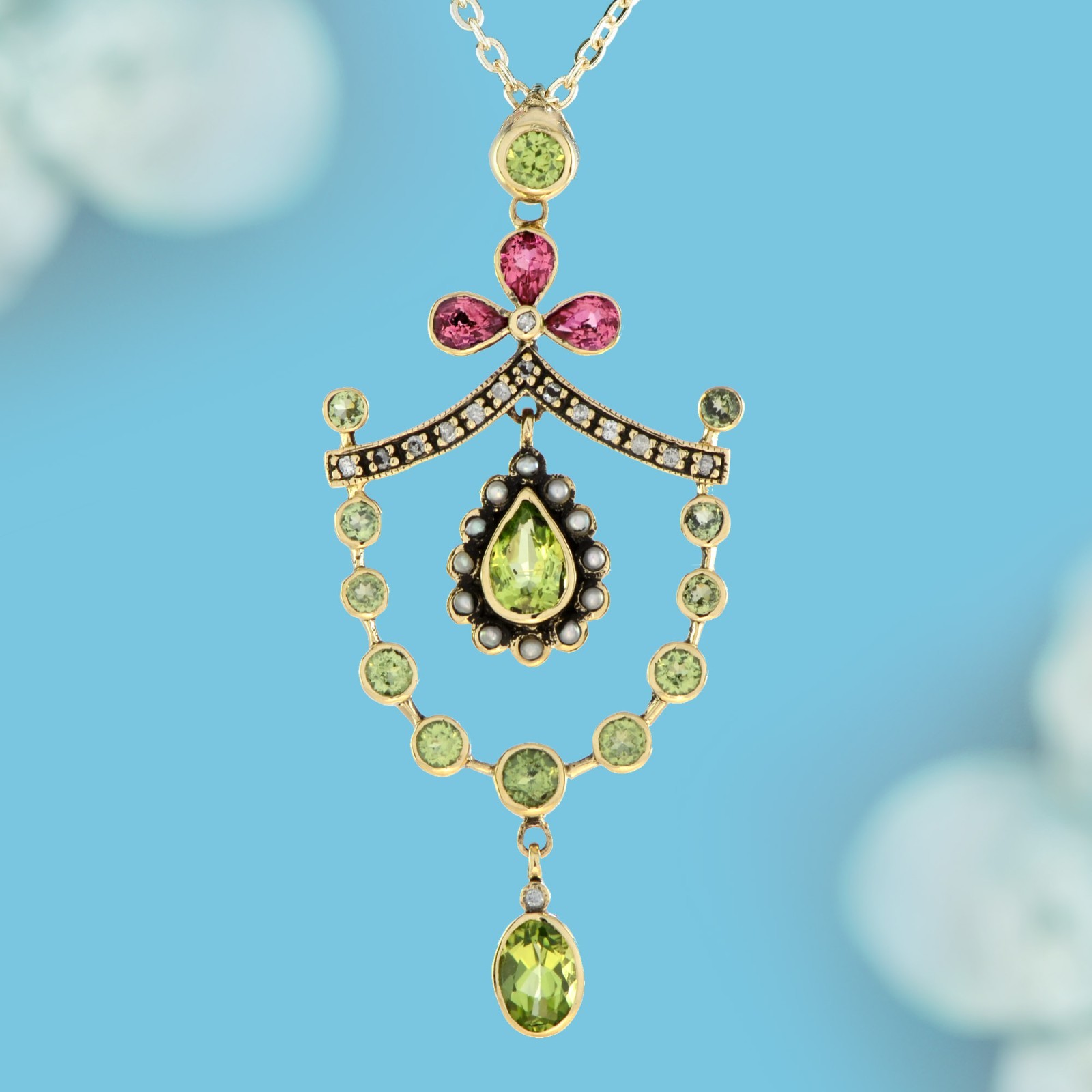 9K Yellow Gold Peridot Pink Tourmaline Pearl Diamond Lavaliere Pendant