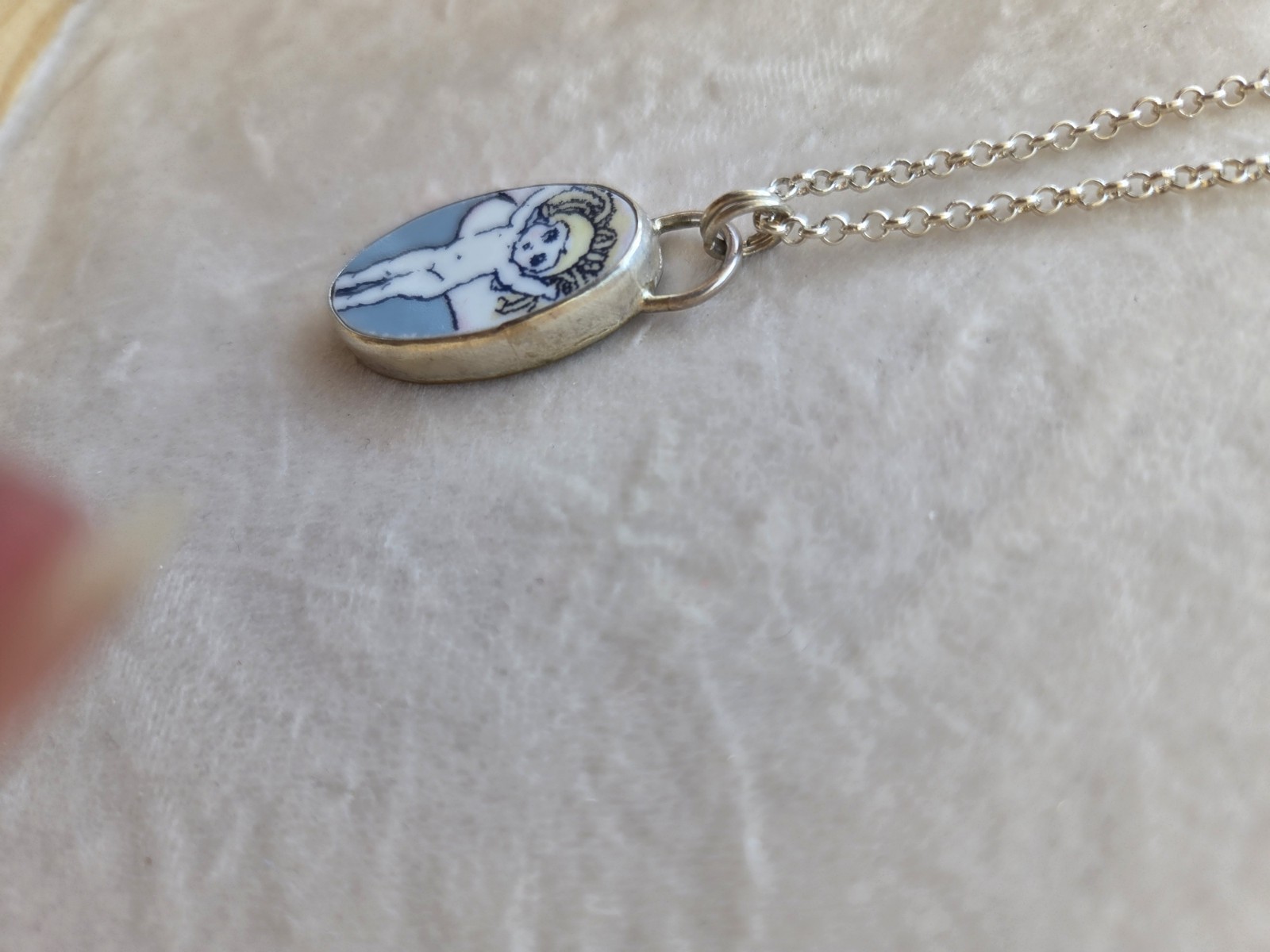 May Gibbs Pendant Necklace Sterling Silver, Broken China Plate Upcycle, gumnut