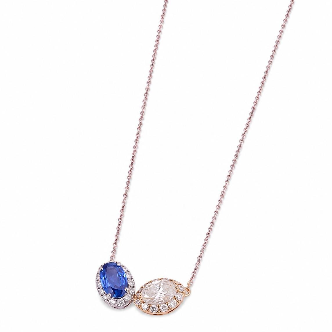 0.49 ct Natural Sapphire Two Stone Halo Necklace 14K Gold 14k Gold Oval