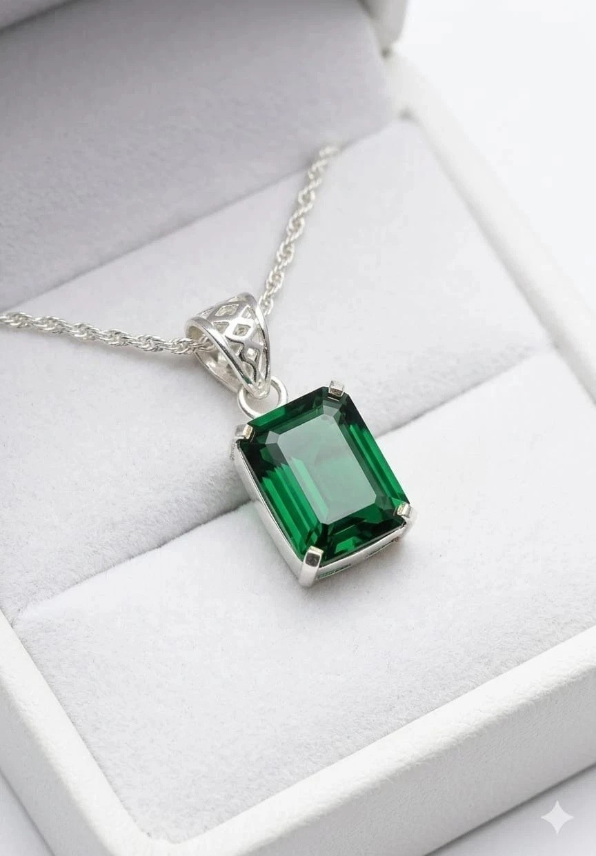 Certified 22 Ct Natural Emerald Gemstone 925 Solid Silver Emerald Cut Pendant