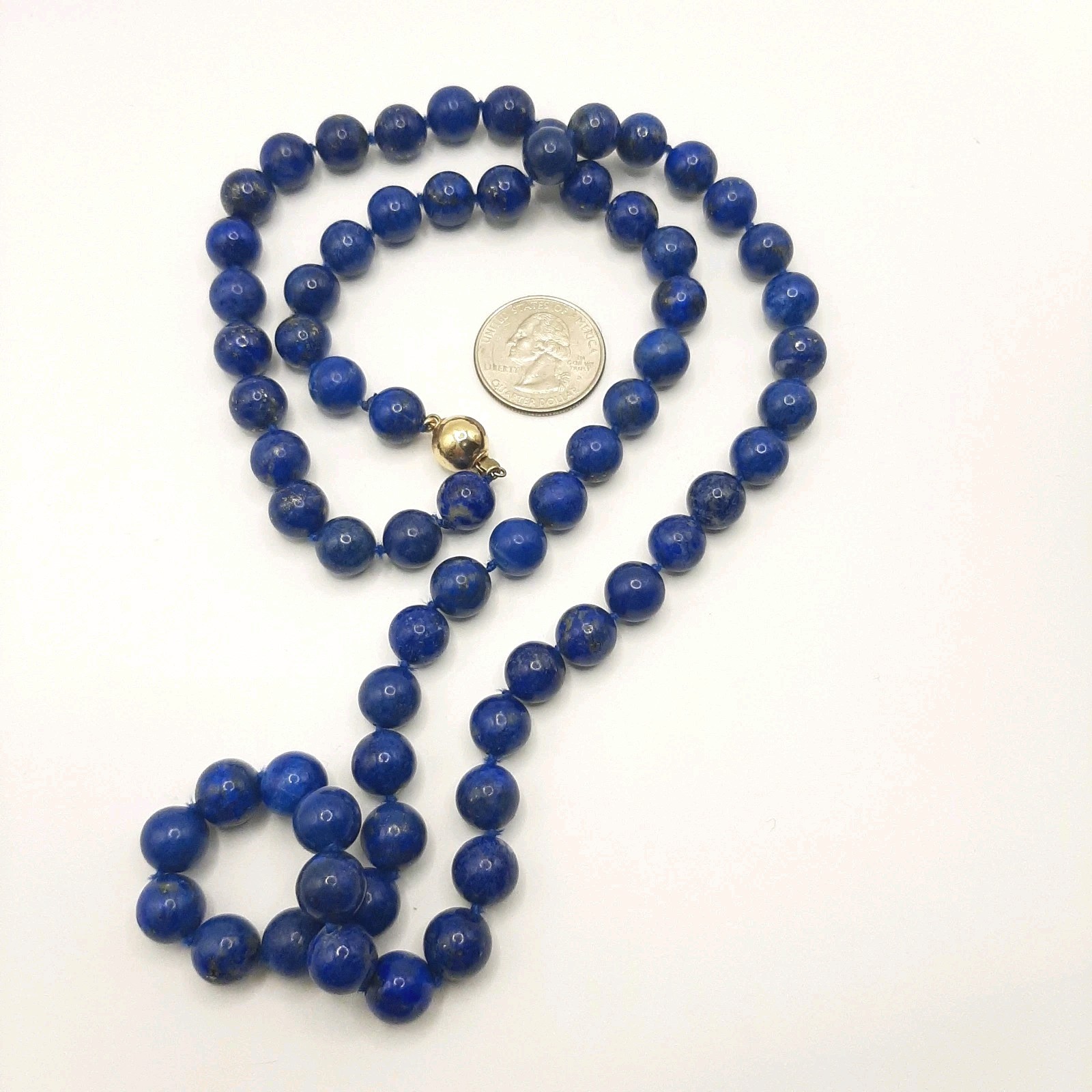 Vintage 30″ Lapis Lazuli Hand-Knotted Necklace 14k Clasp, Deep Blue W/ Pyrite