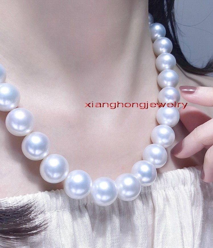 Australia TOP 18”13-15mm round natural REAL south sea white pearl necklace 14k