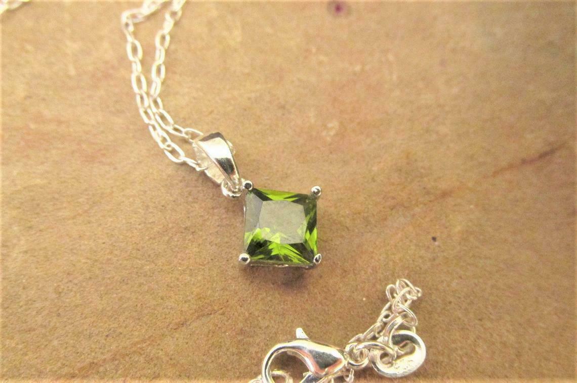 2 CT Princess Cut Solitaire Peridot Pendant With Chain 14k White Gold Finish