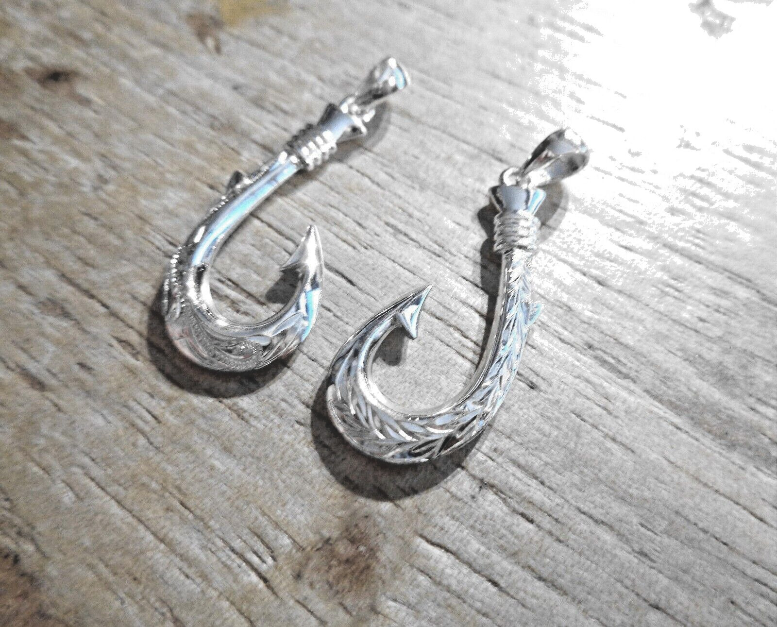 19MM SOLID 925 SILVER 2SIDED ENGRAVED HAWAIIAN SCROLL MAILE FISH HOOK PENDANT #2