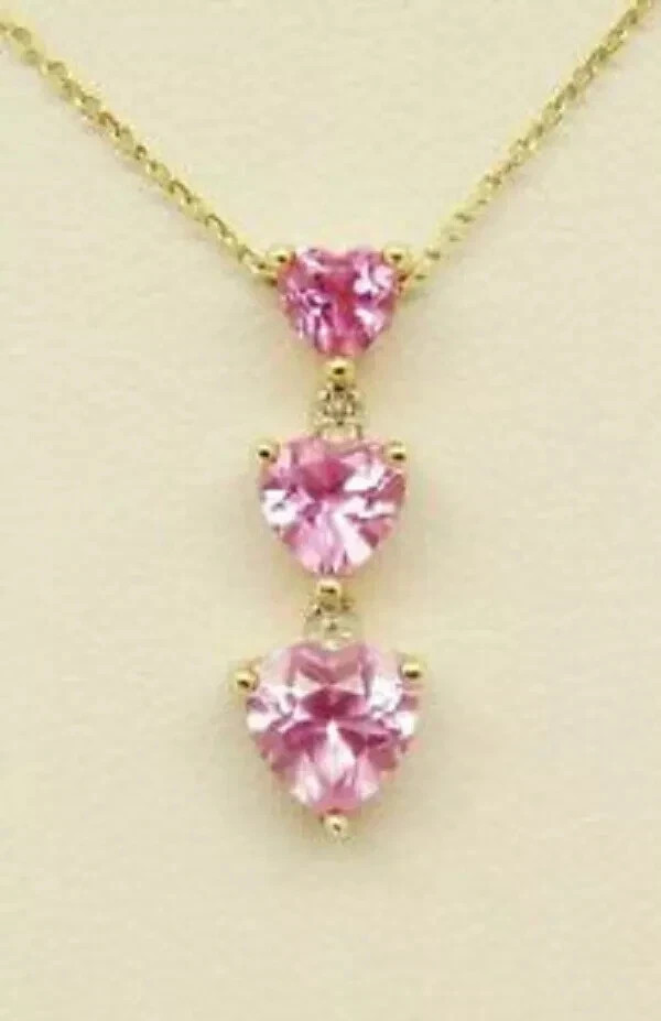2.20Ct Heart Cut Pink Sapphire Three Stone Pendant 14K Yellow Gold Finish Chain