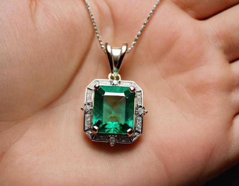 4.80Ct Emerald cut Natural Emerald & Diamond 14K White Gold Luxury Pendant