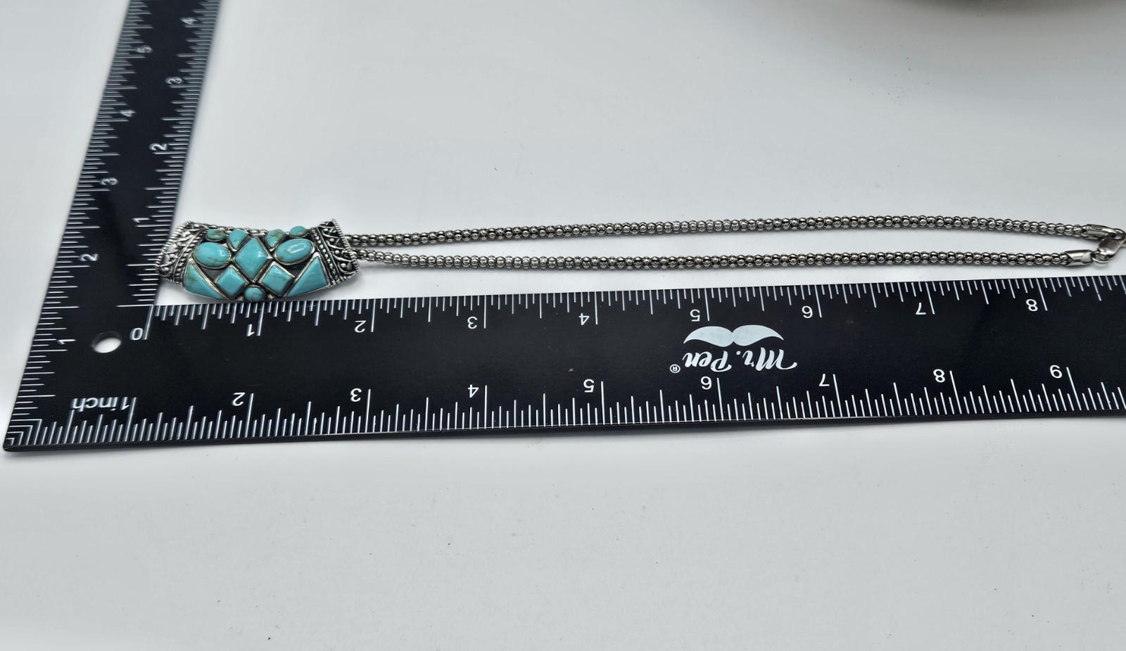 925 Sterling Silver Turquoise Slide Pendant Necklace Popcorn Chain 18″ 0085