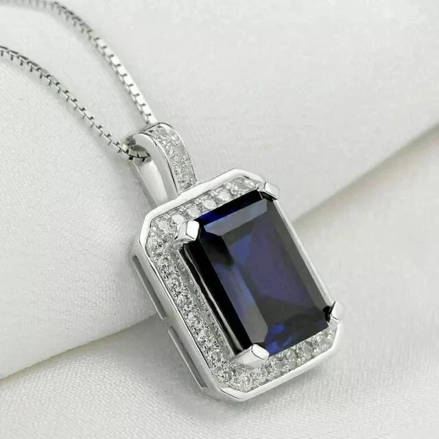 2Ct Emerald Cut Lab-Created Sapphire 14K White Gold Plated Beautiful Pendant