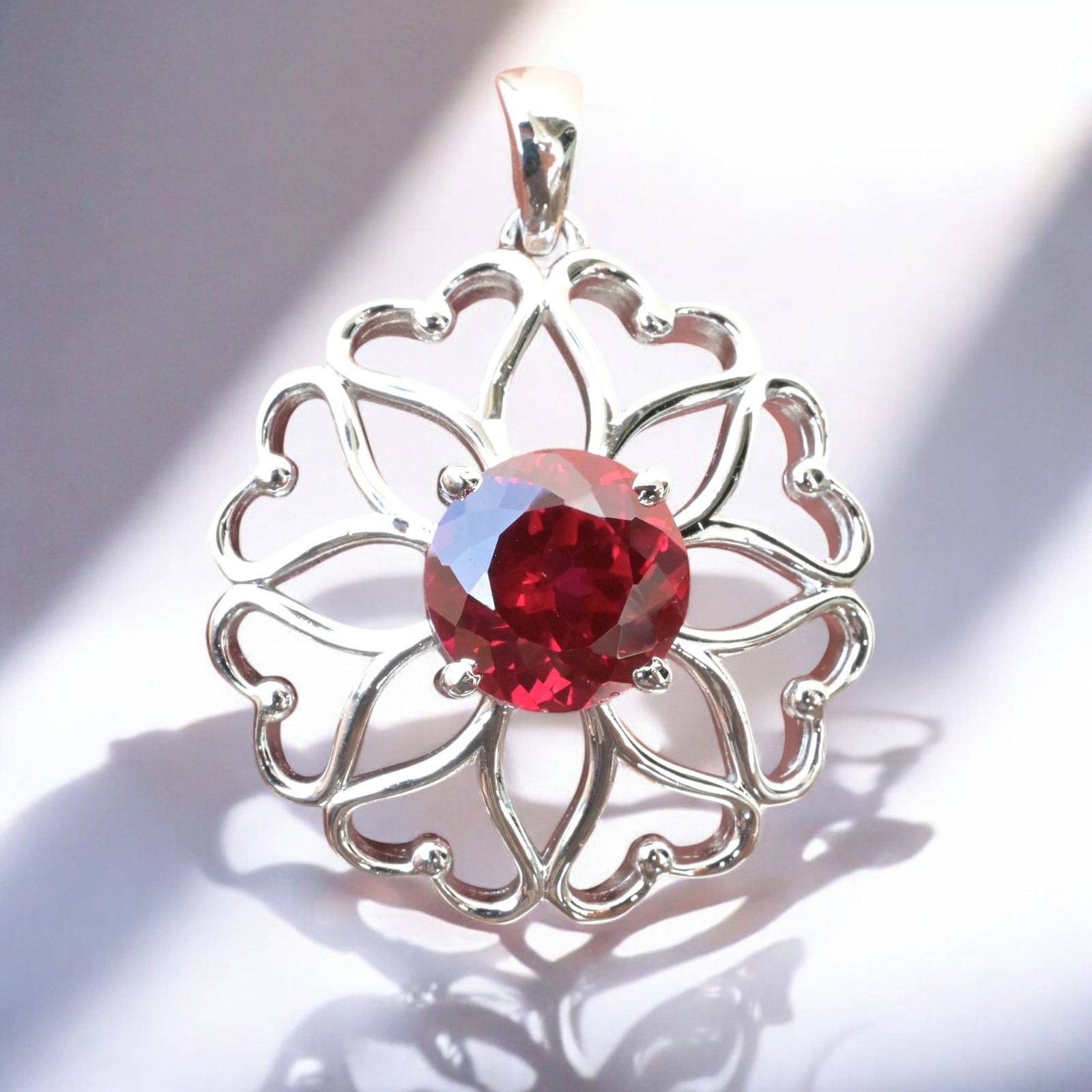Certified Red Ruby 32 Ct Flower Shape Pendant Necklace 925 Sterling Silver MG002