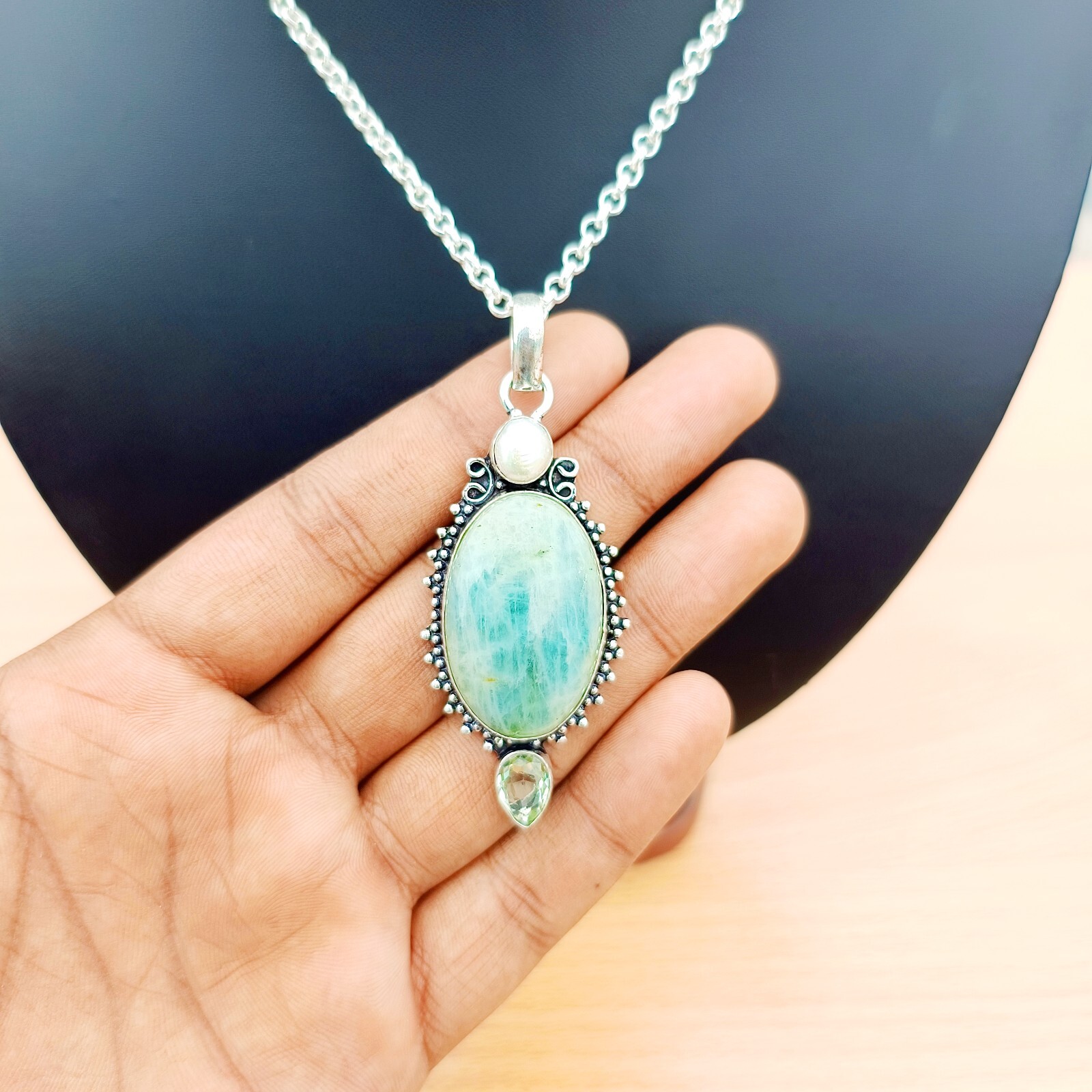 Amazonite With Pearl Gemstone Pendant 925 Sterling Silver Handmade Jewelry