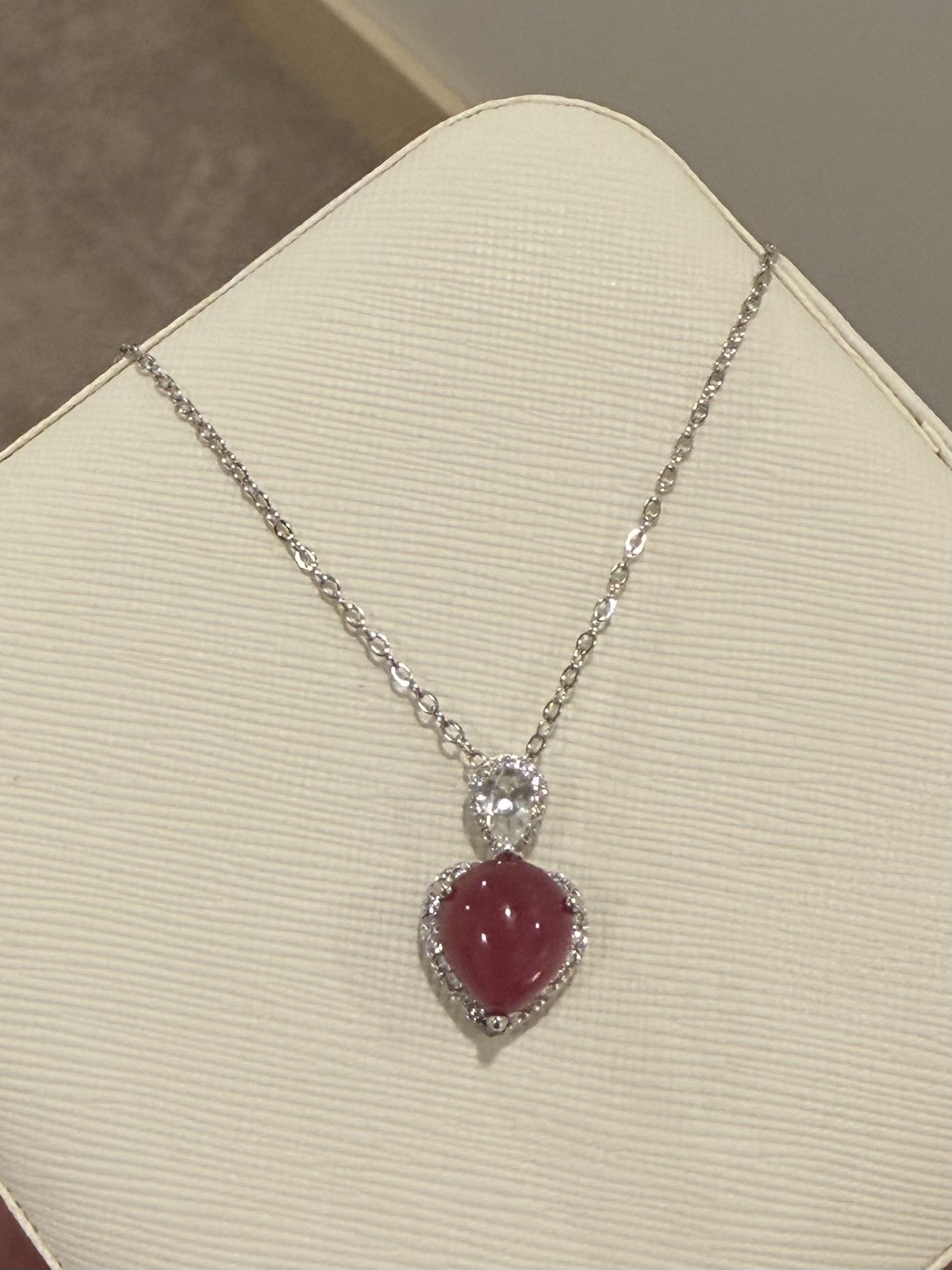 Stunning Natural Red Ruby 9x11mm & White Topaz 925 Sterling Pendant Necklace 18”