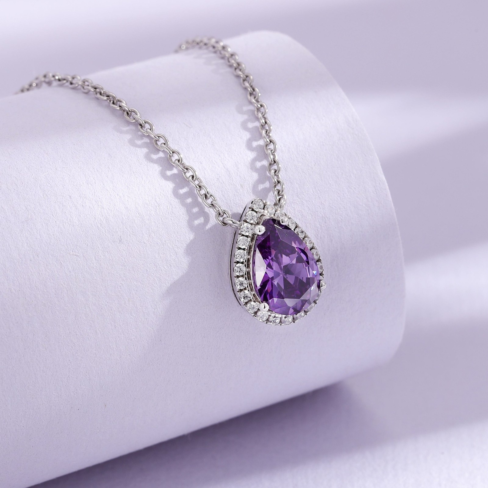 925 Sterling Silver Pear Purple Amethyst Halo Pendant Necklace Elegant Jewelry