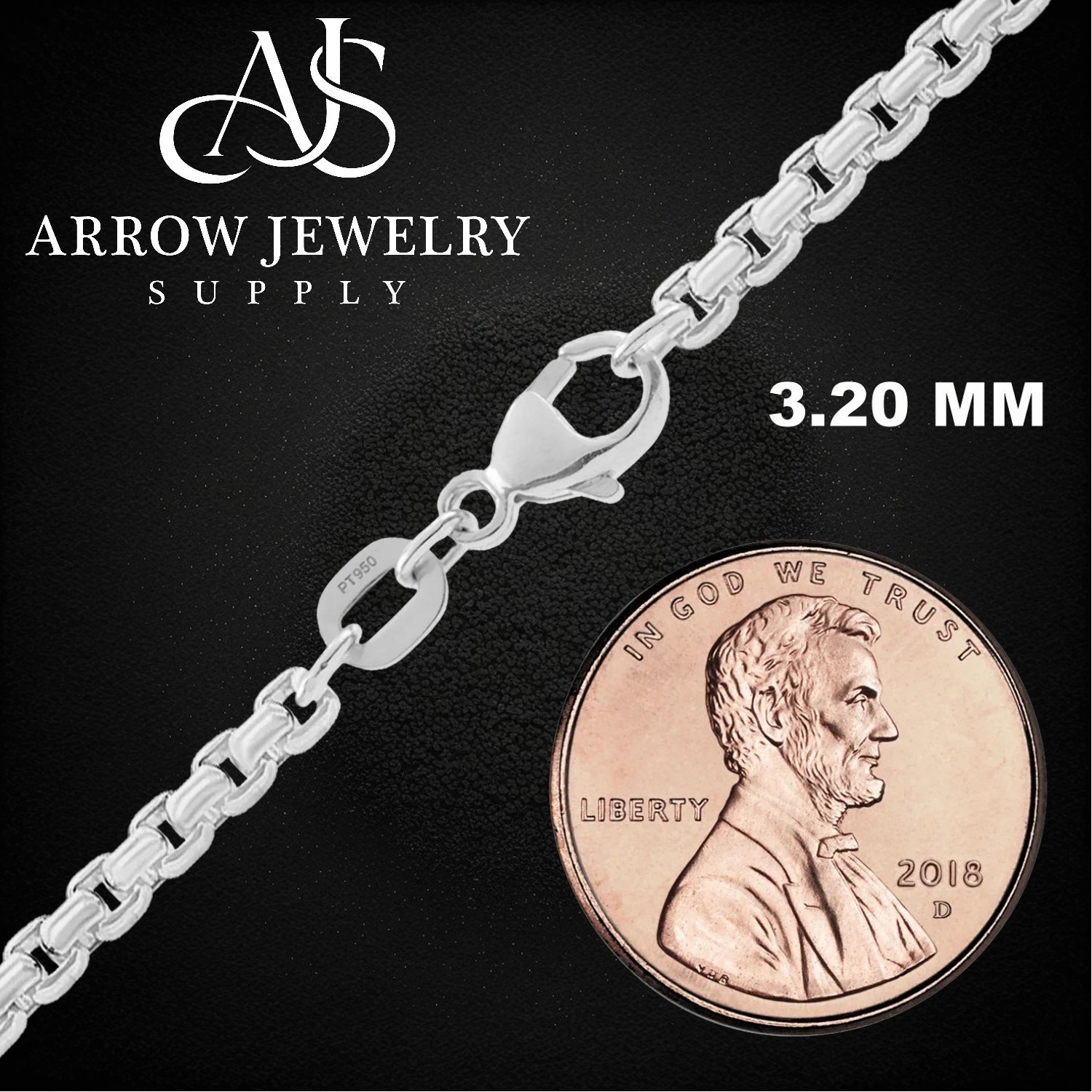 Round Box 950 Platinum Chain Necklace Widths 1.6mm, 2.7mm, and 3.2mm