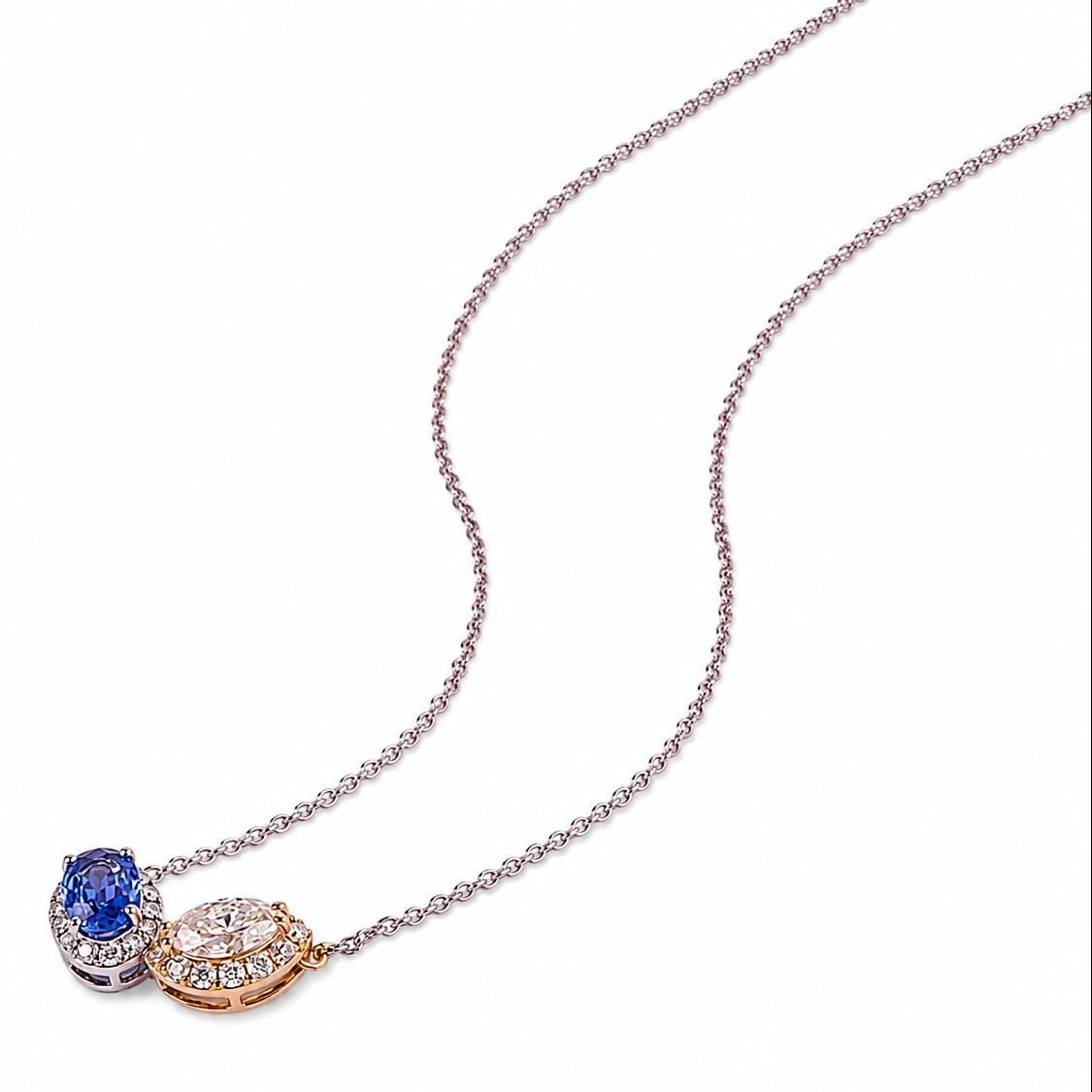 0.49 ct Natural Sapphire Two Stone Halo Necklace 14K Gold 14k Gold Oval