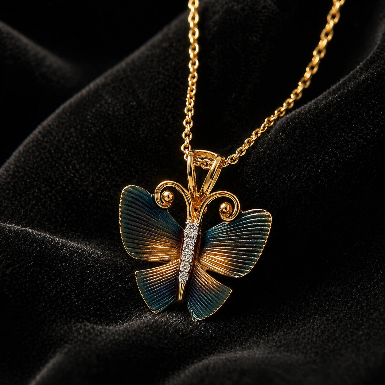 Natural Diamond Butterfly Pendant Necklace 14K Yellow Gold, Diamond Necklace