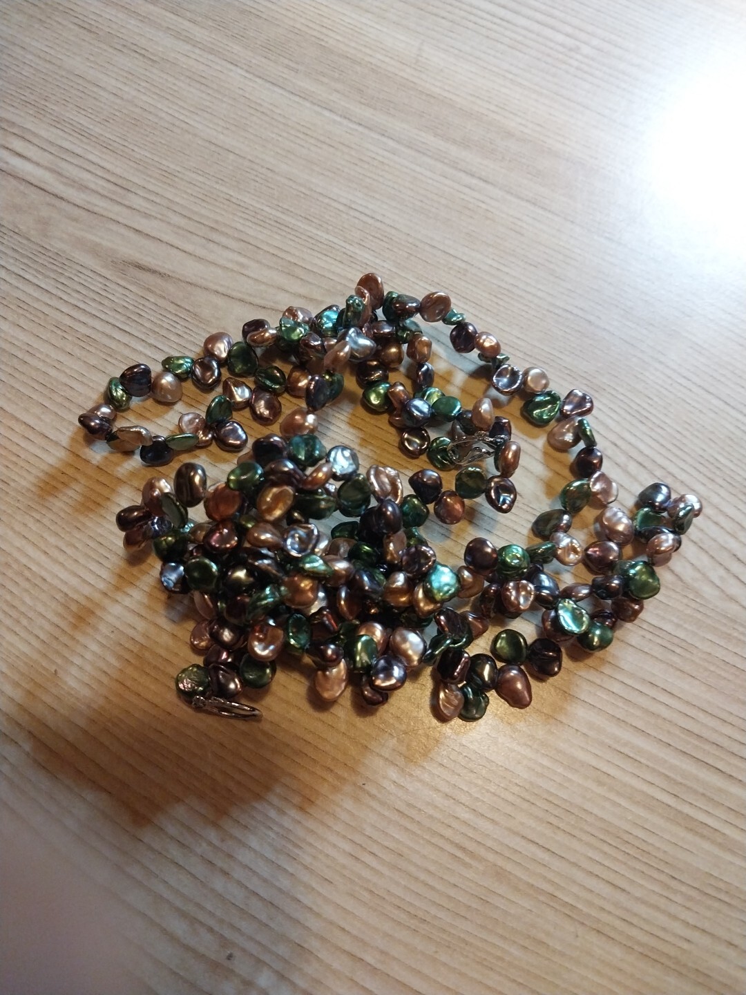 925 Signed Triple Strand Green Brown Champagne Pearl Bead Necklace 17in