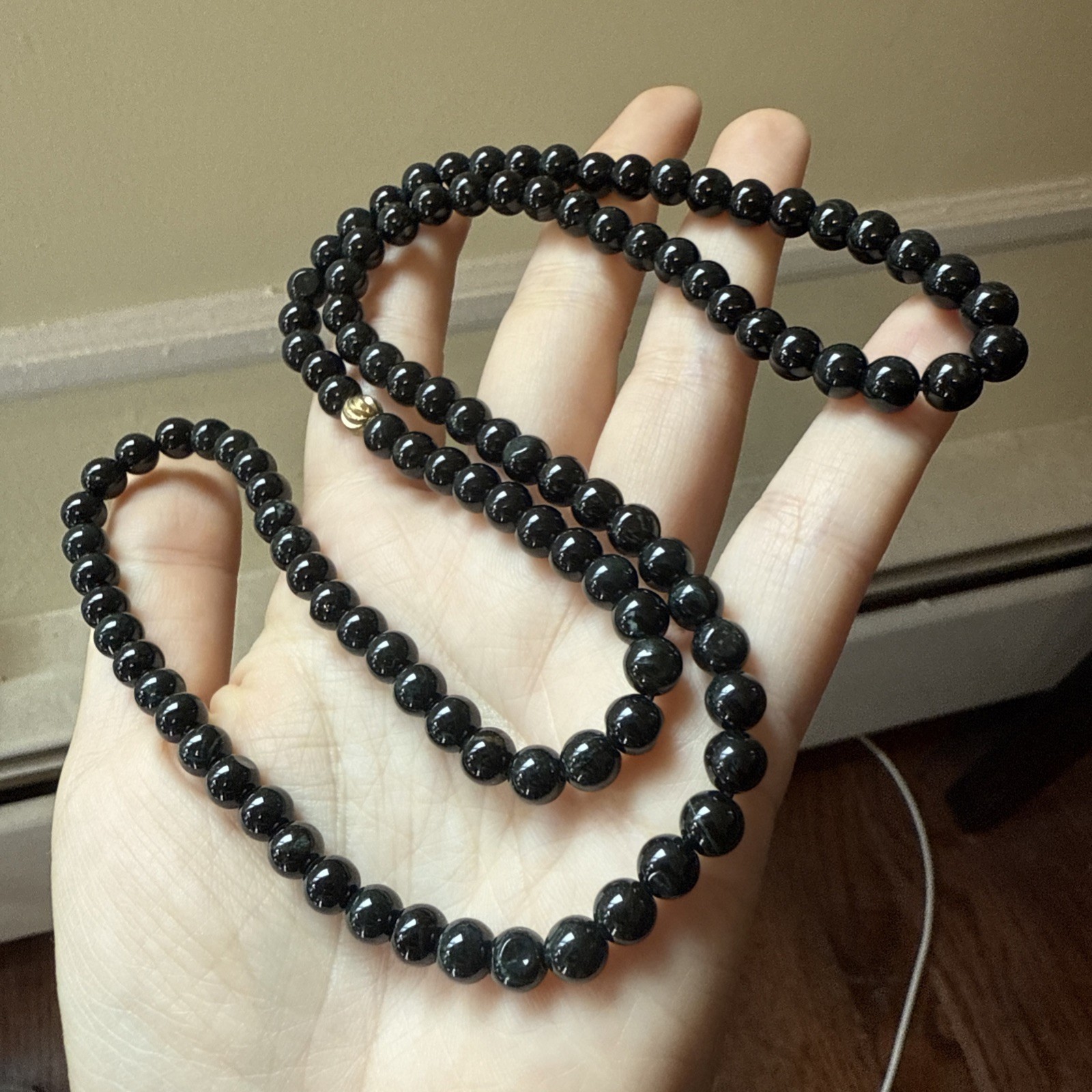 untreated Myanmar Grade A Black Jadeite Long Beaded Necklace 6.2 Mm 6 Mm