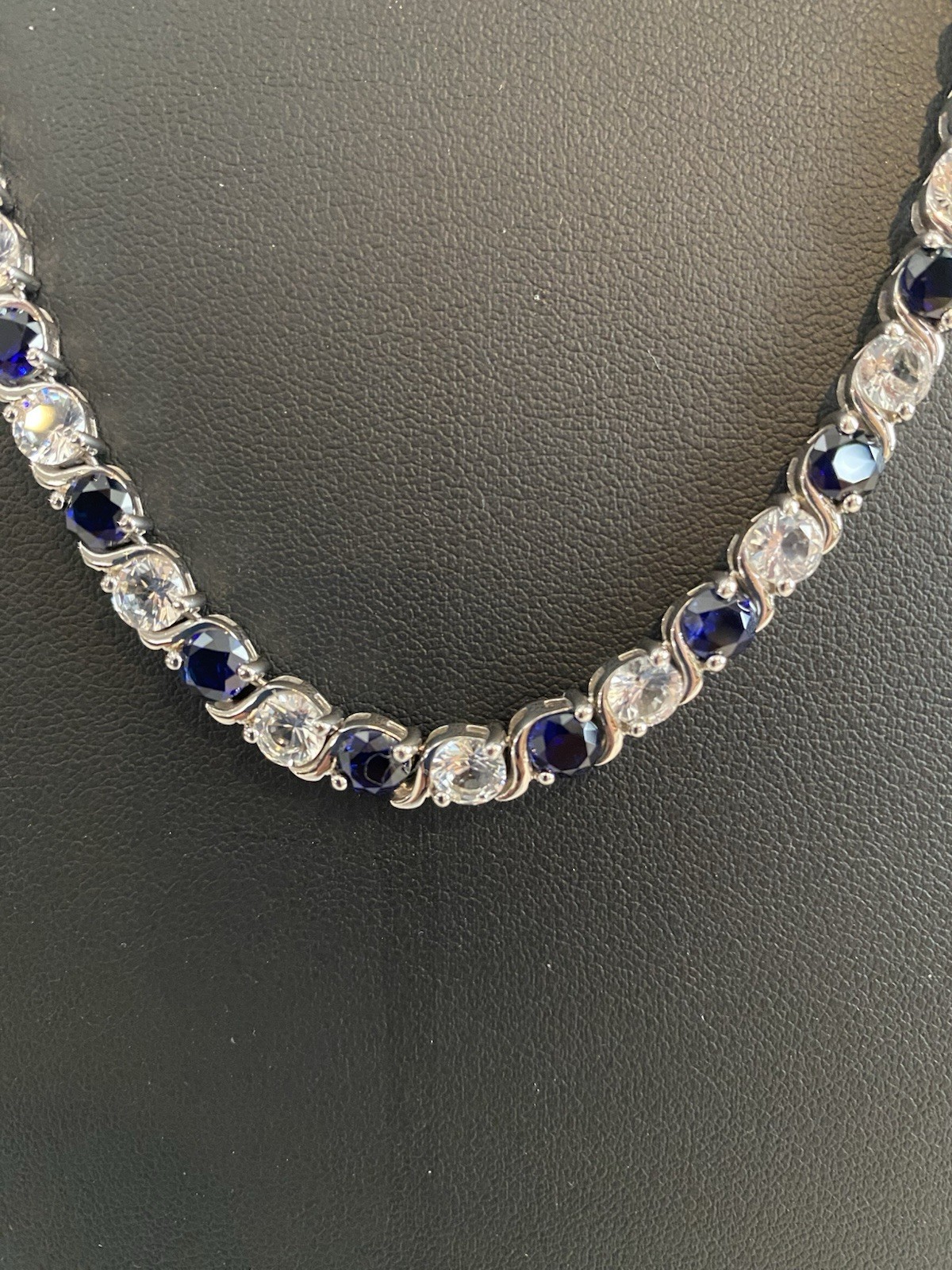 925 Sterling Silver Lab Created Blue & White Sapphire Tennis Necklace Signed EMA