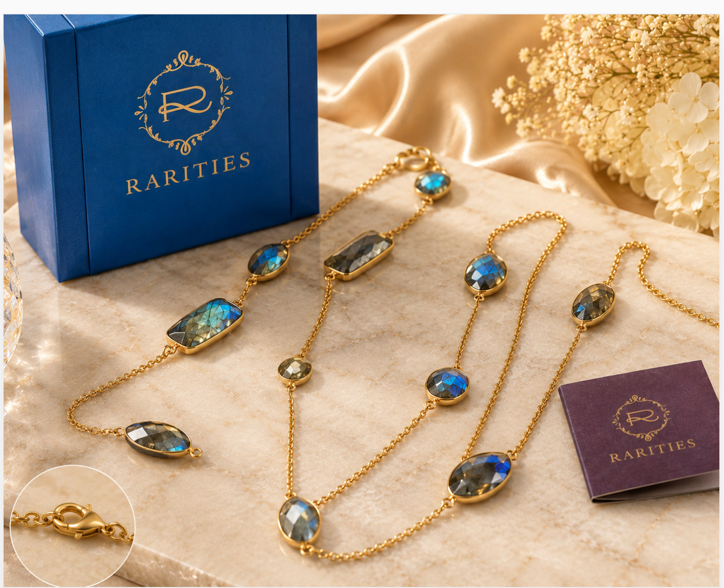 RARITIES Carol Brodie Labradorite Station Necklace 18″ Gold Vermeil NIB Card