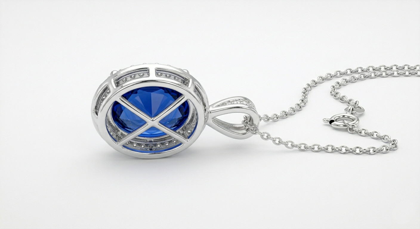 Lab Blue Sapphire Oval Halo Pendant in 92.5 Sterling Silver Minimalist Necklace