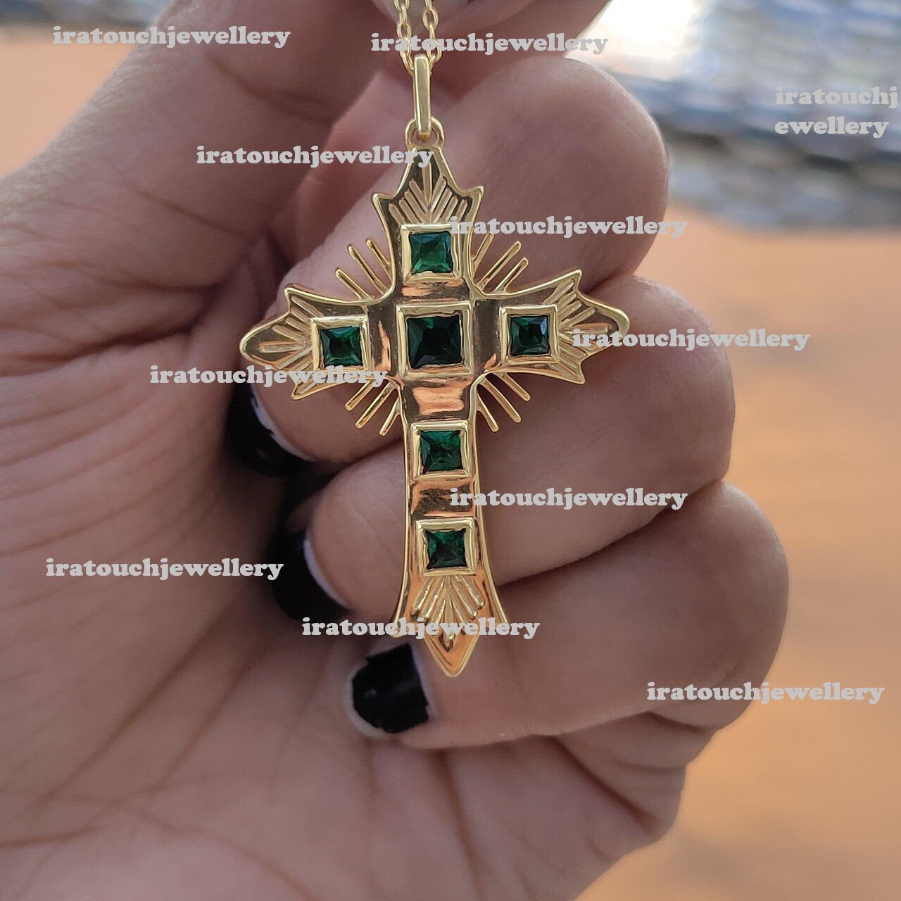 3Ct Princess Cut Lab Created Emerald Cross Pendant For Women 14k Gold Finish