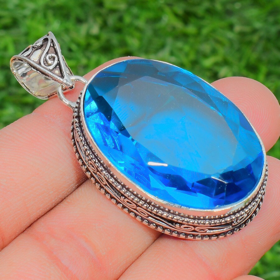 London Blue Topaz Gemstone Handmade 925 Sterling Silver Oval Cut Jewelry Pendant