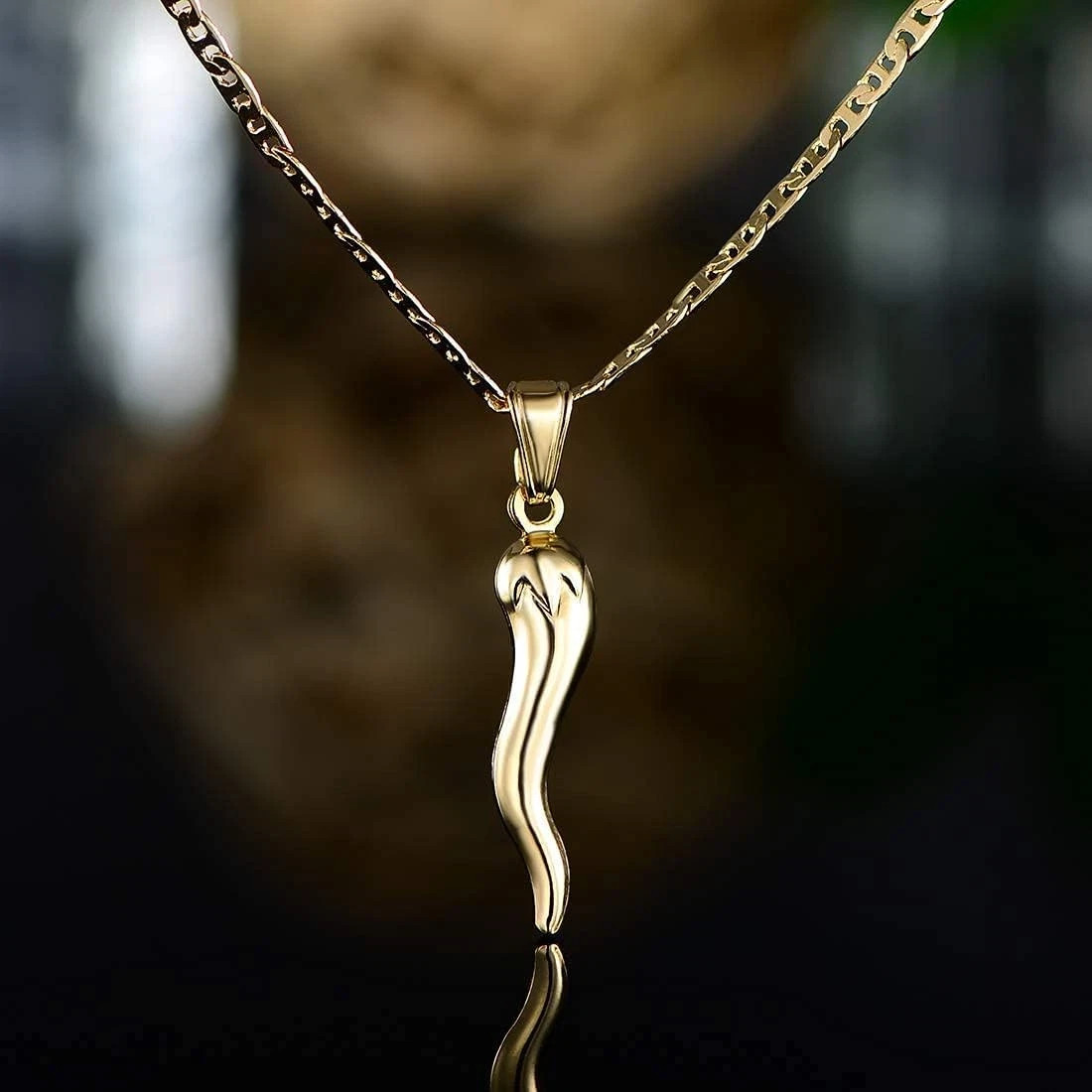 18K Gold Plated Flat Marina Chain with Italian Horn Necklace Cornicello – Made i