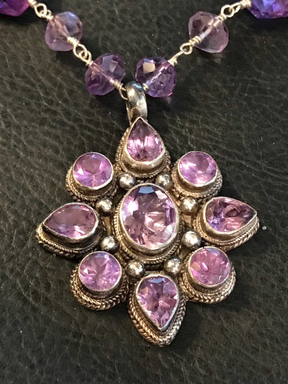 Vintage Faceted Amethyst Flower 16″ Sterling Silver Toggle Necklace Unknown Mark