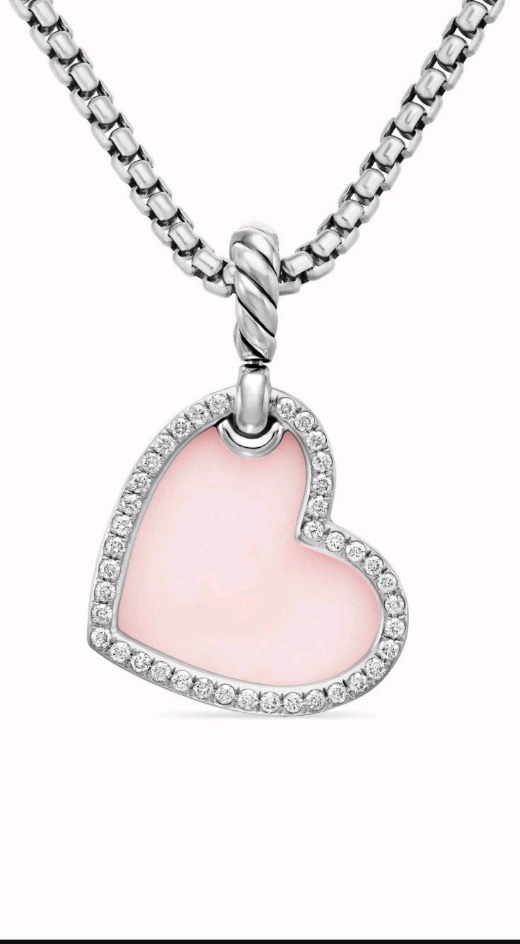 David Yurman DY Elements Pink Opal Heart Amulet Sterling Silver Pave Diamonds