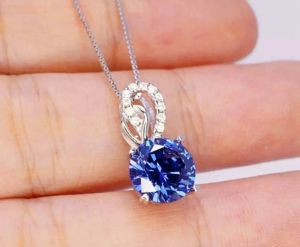 2Ct Round Cut Lab-Created Blue Sapphire Solitaire Pendant 14K White Gold Plated