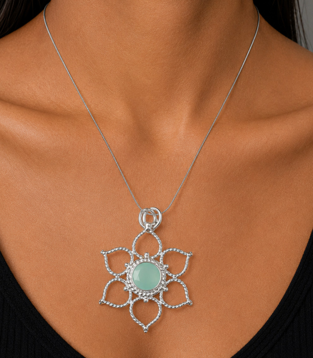 Aqua Chalcedony Gemstone Jewelry 925 Silver Handmade Trendy Pendant 1.44″ Gifts