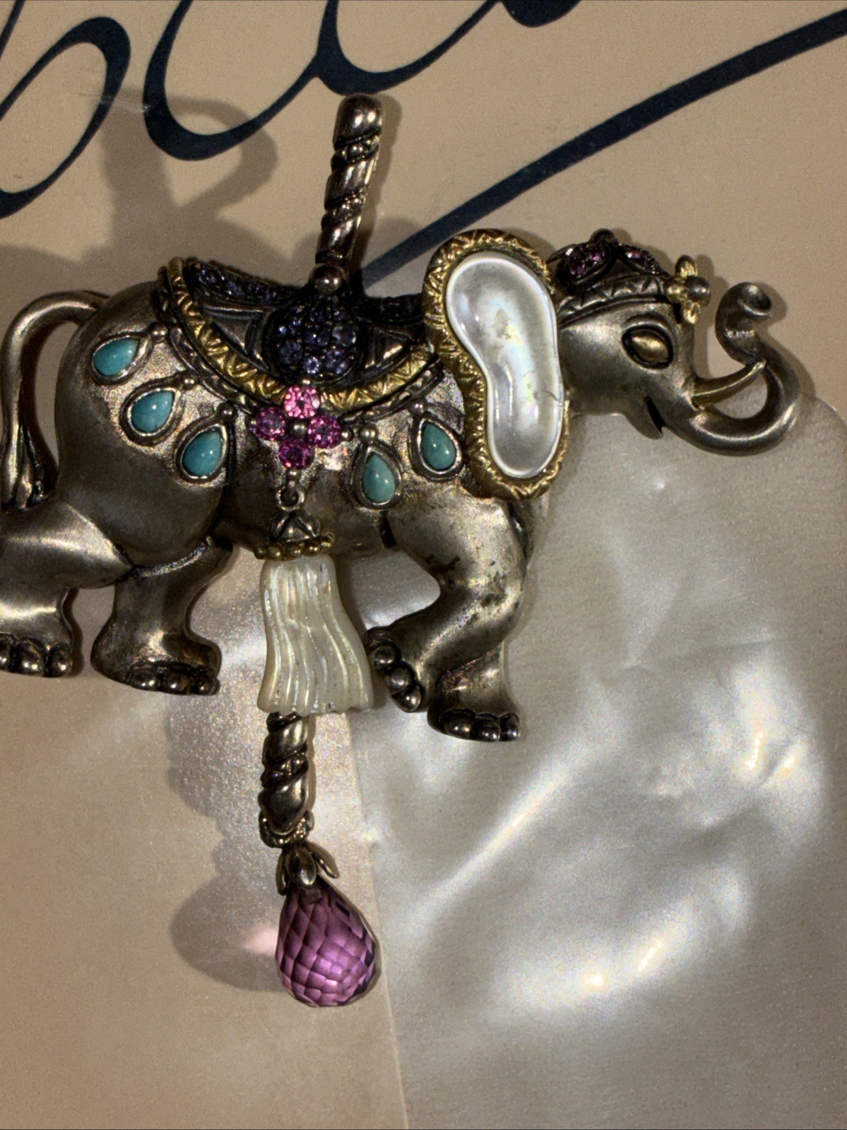 Barbara Bixby Carousel Elephant Pin Pendant Gemstone Tassel MOP Turquoise Iolite