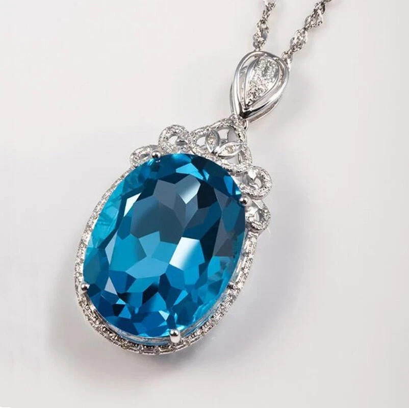 9.40Ct Oval Cut Natural Blue Topaz & Diamond 14K White Gold Luxurious Pendant