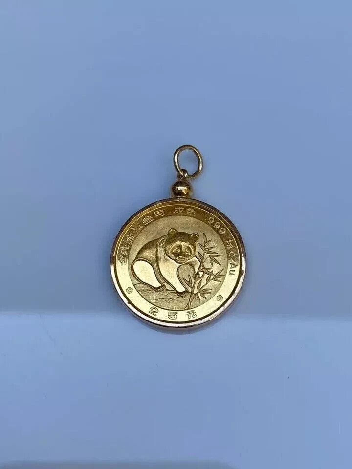 Coin Chines Panda Bear Charm Pendant 925 Silver 14k Yellow Gold Plated 18″ chain