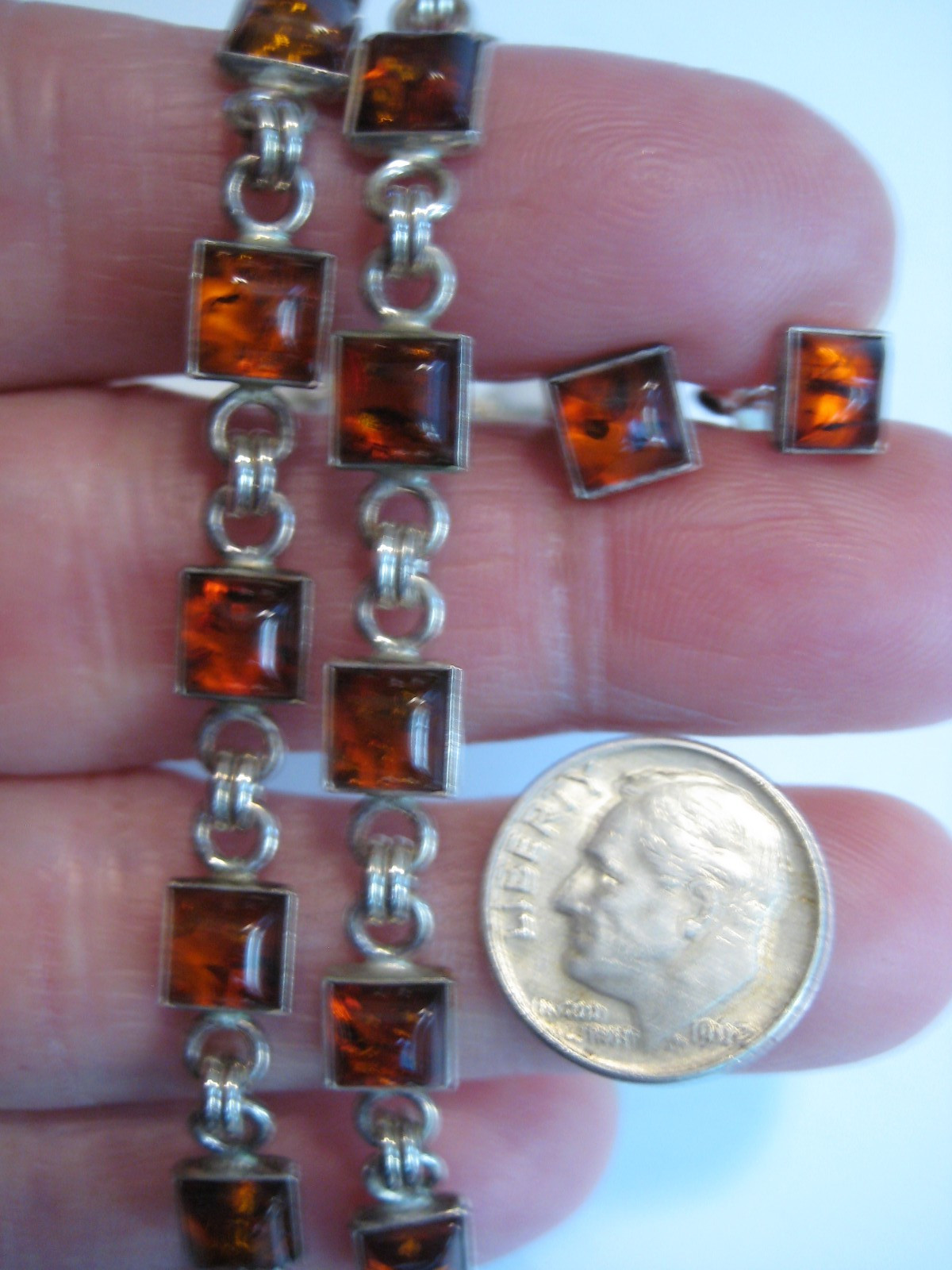 Sterling Silver Amber Tennis Choker Necklace 16″ Amber Stud Earrings Lot (B9)