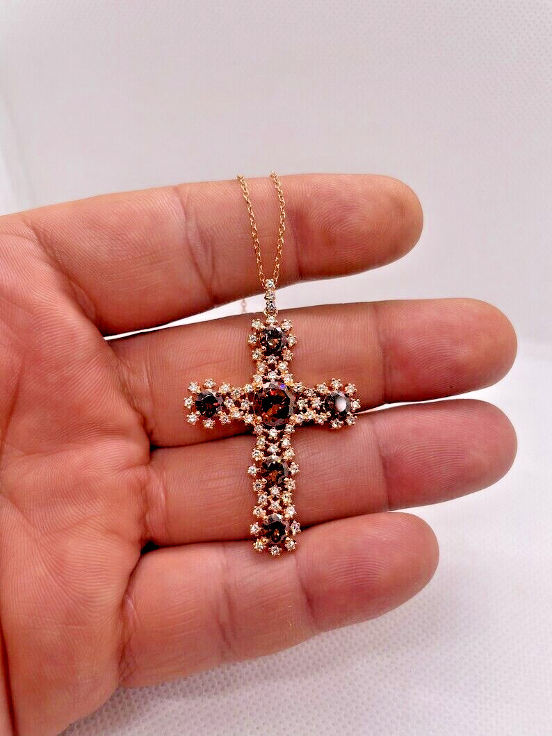 Rose gold filled cross necklace citrine gemstones & accents size 50mm by 33mm