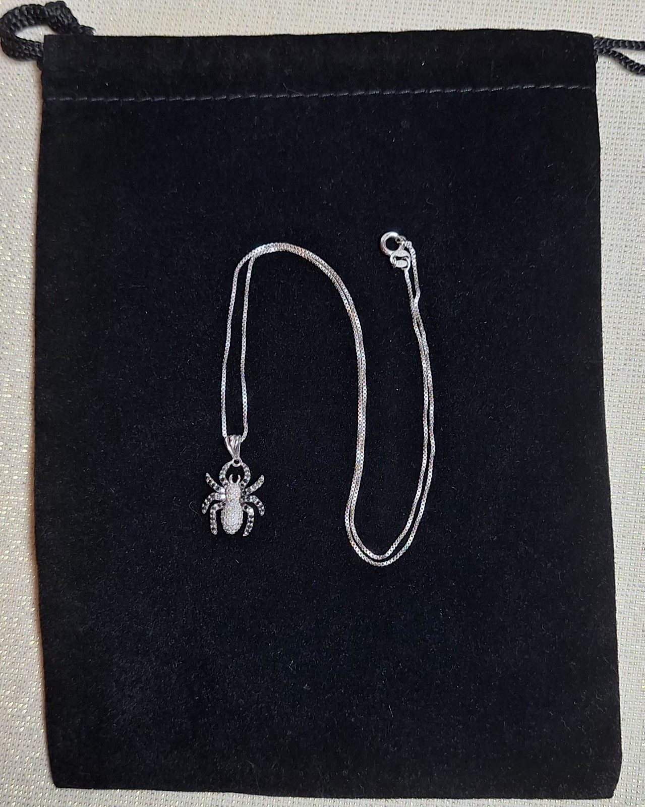Sterling Silver White, Black Diamond Spider Charm With 18″ Sterling Silver Chain
