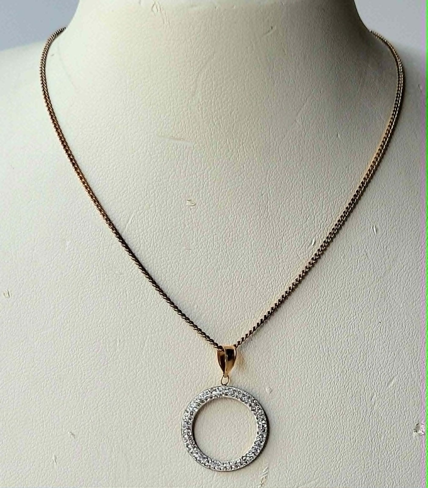 UnoAErre Italy 9ct Gold Cubic Zirconia Circle Pendant On Gold Tone Chain
