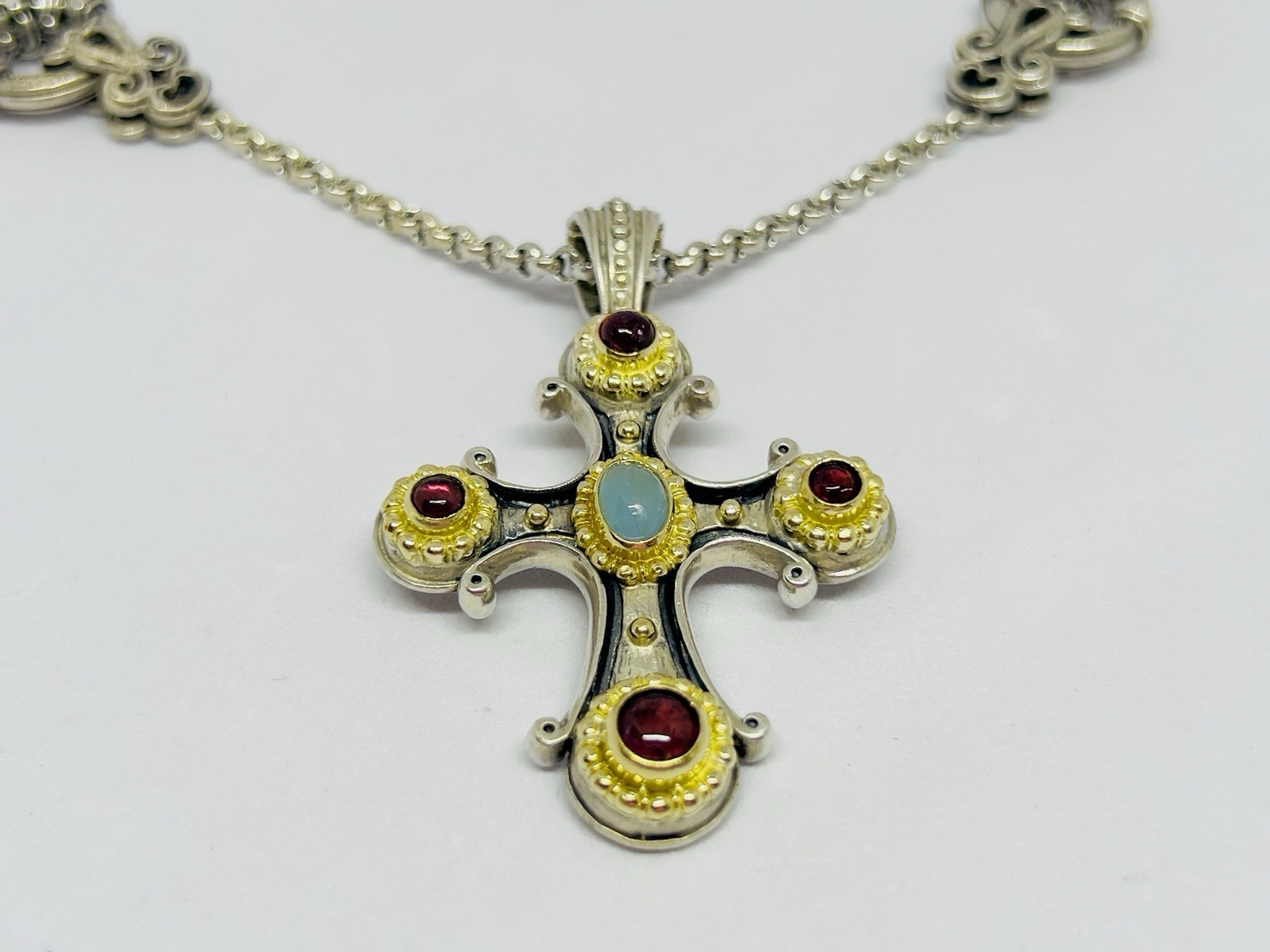 Konstantino 925 750 Aquamarine Pink Tourmaline Cross Pendant 18″ Toggle Chain