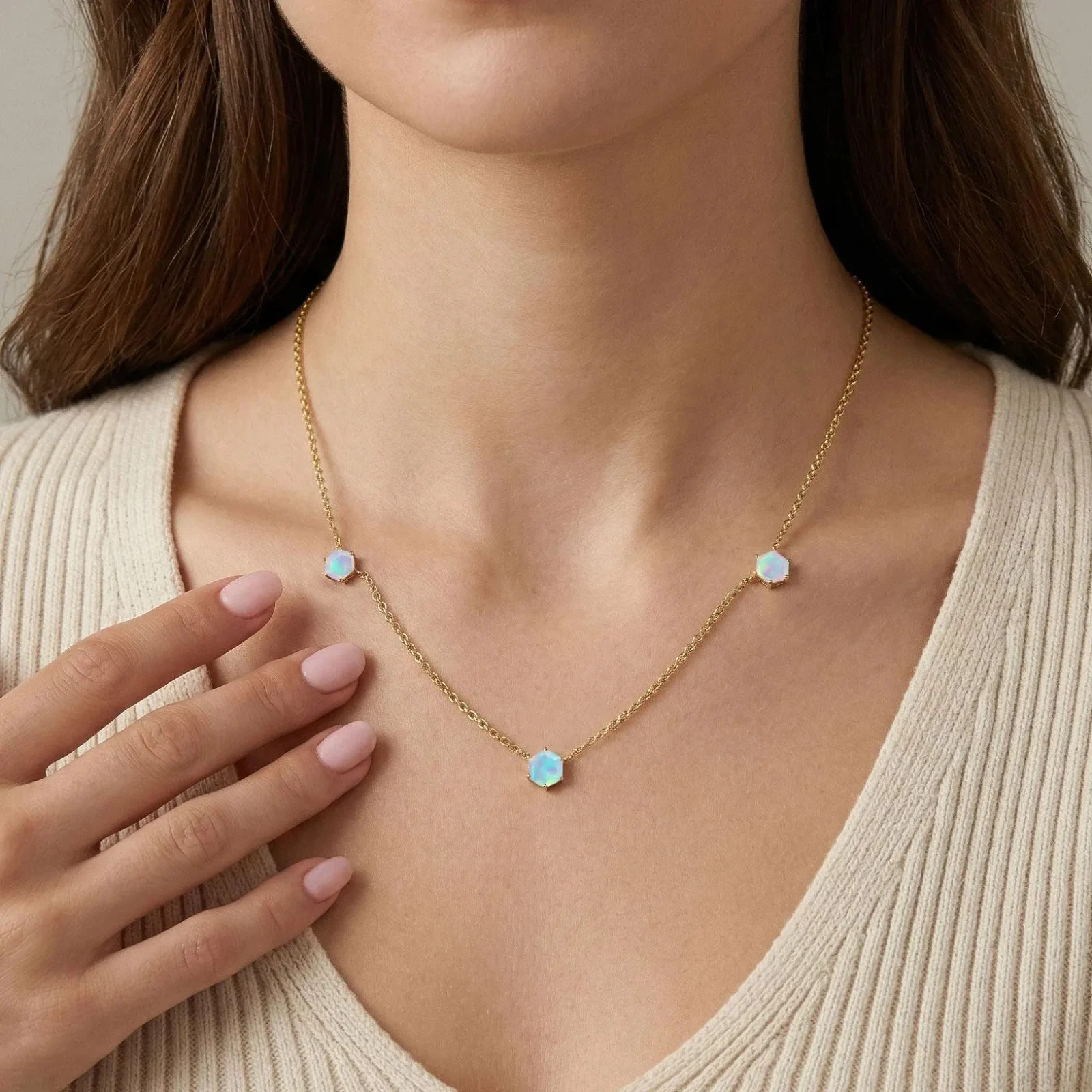 White Opal Station Necklace, Bridesmaids Gifts, Minimalist Silver Gold Necklace