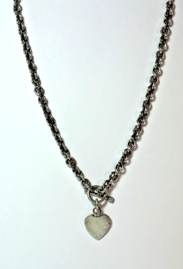 925 Sterling Silver Heart Tag Toggle Necklace Very Heavy Statement 35.4g