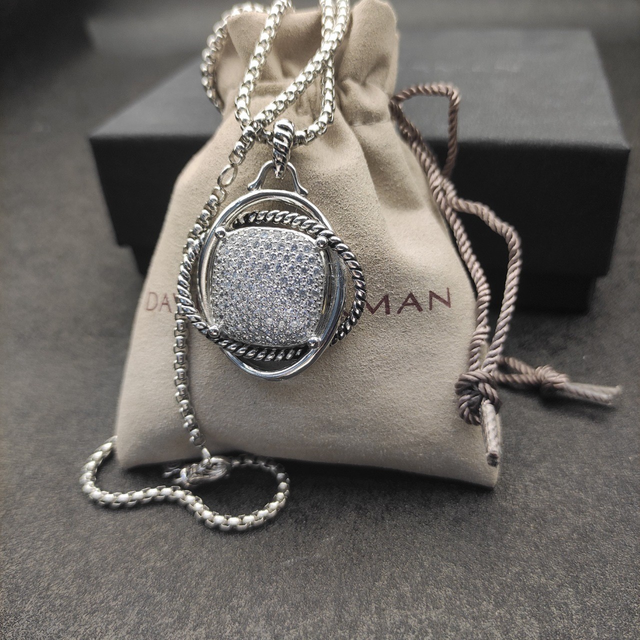 David Yurman 925 Sterling Silver Pavé Diamond Square Cable Frame Pendant Necklac