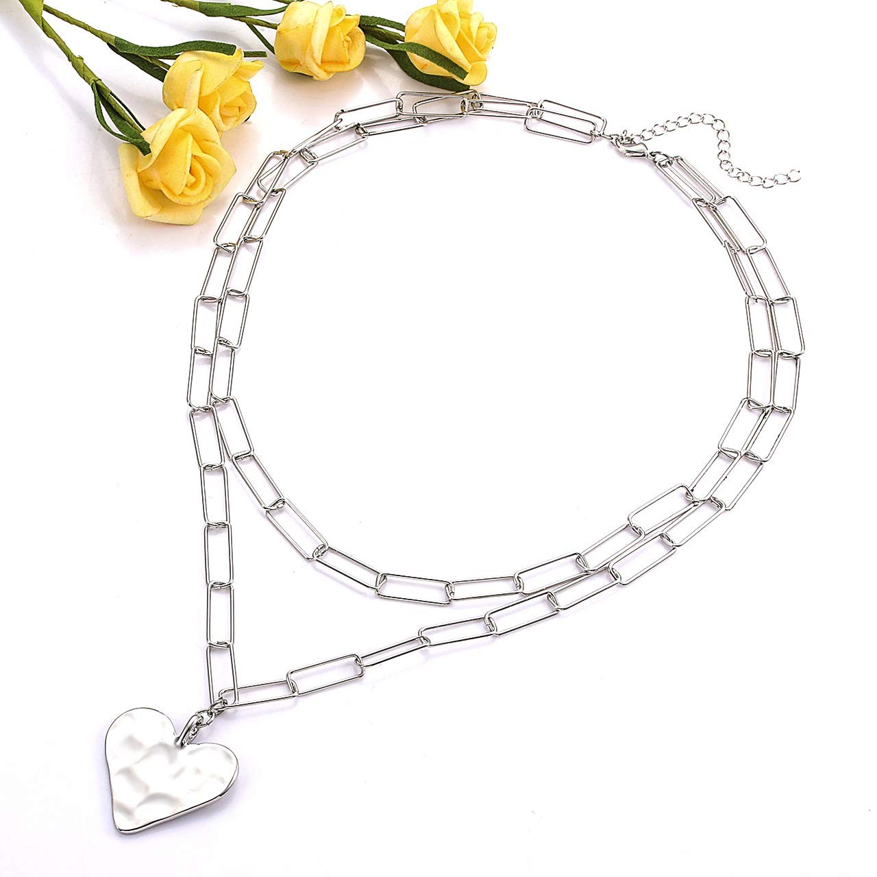 Layered Rectangle Paper Clip Chain Link Choker Statement Hammered Heart Pendant