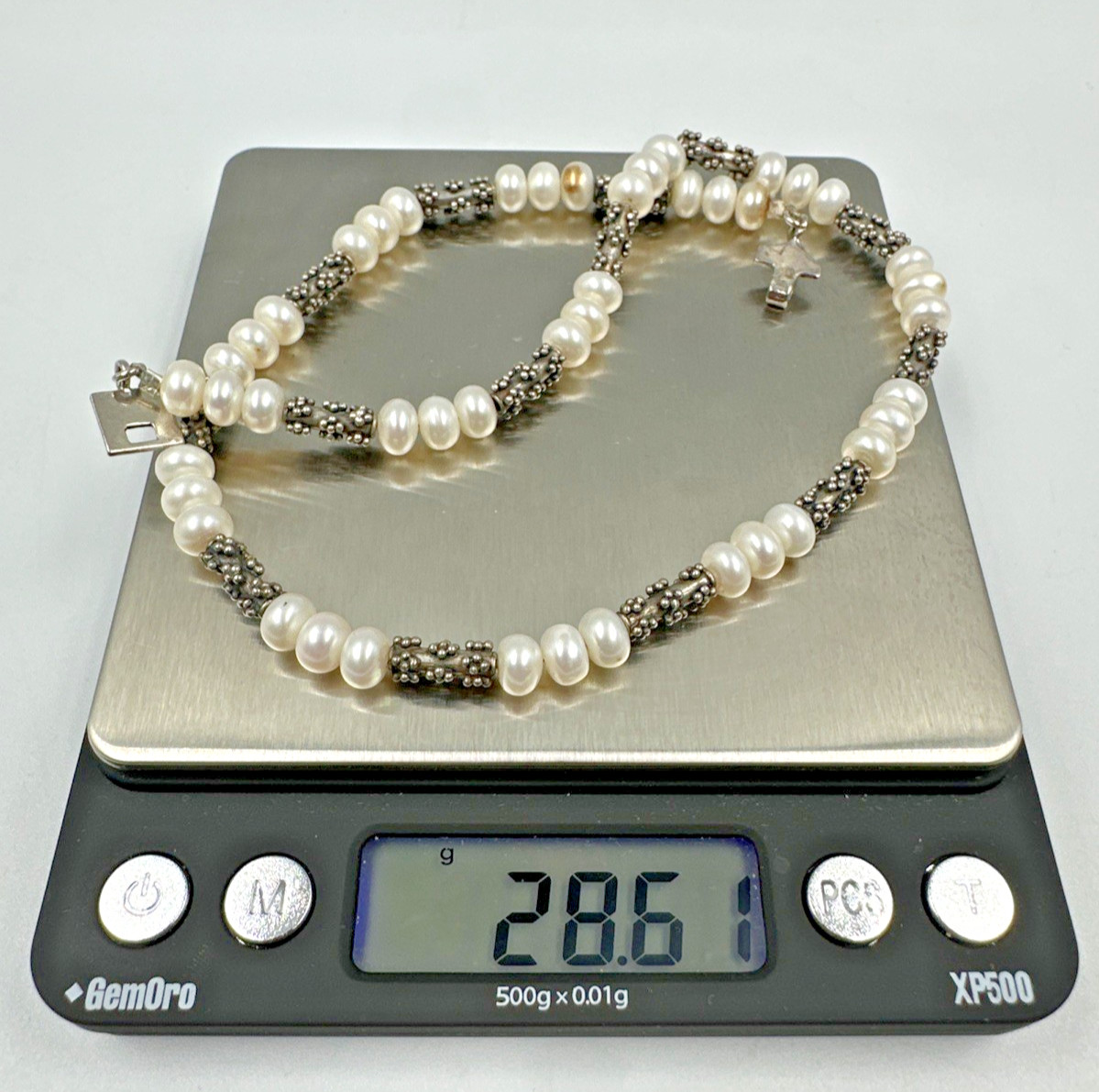 Sterling Silver Pearl Brutalist Caviar Popcorn Bead Station Necklace 16″ 28.6g