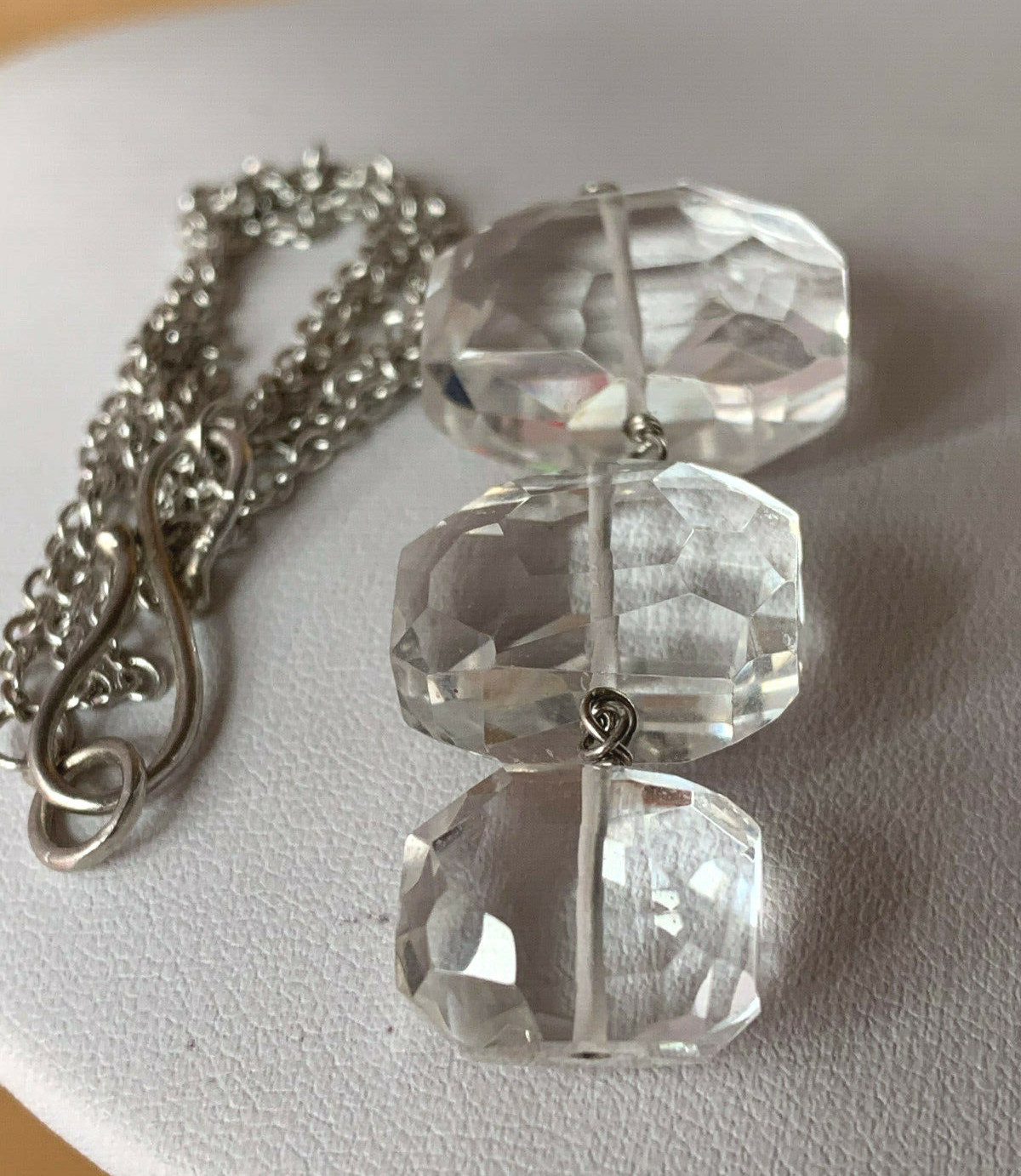 ARTISAN ROCK CRYSTAL CLEAR COLORLESS QUARTZ LONG NECKLACE 925 STERLING DESIGNER