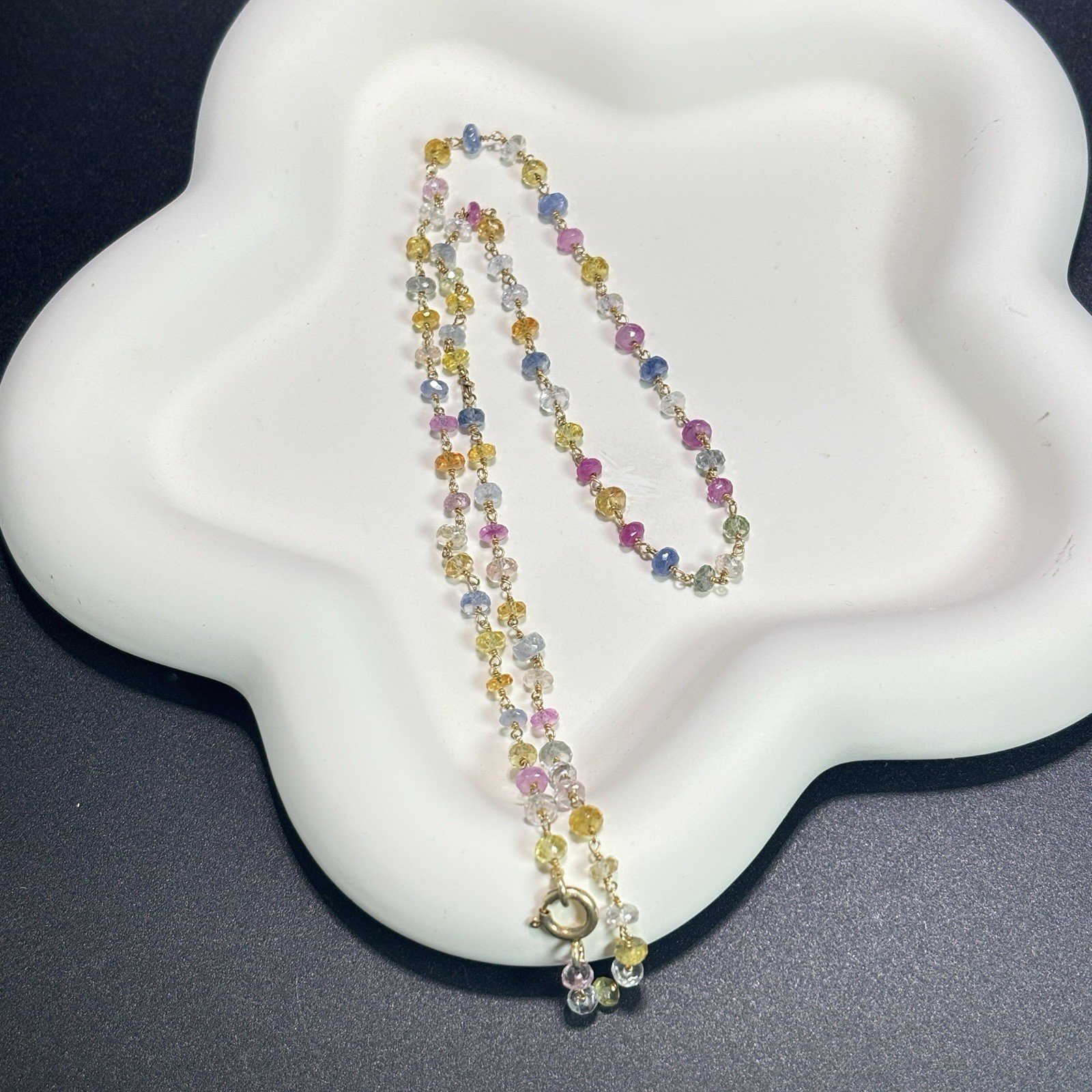 925 Sterling Silver Multi Color Gemstone Single Strand Necklace Gold-tone 18″