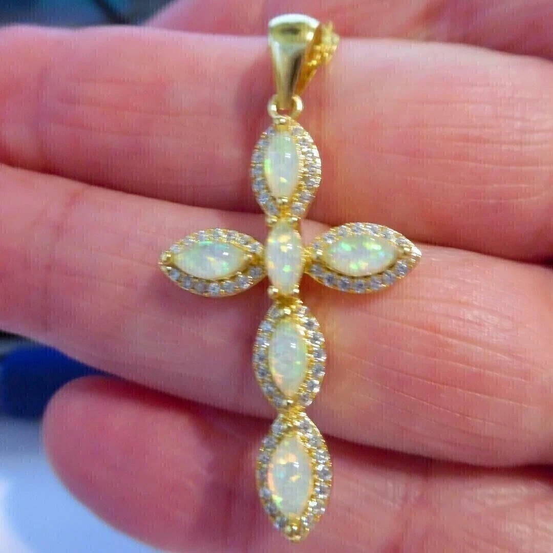 1.50Ct Marquise Cut Fire Opal Cross Pendant 14K Yellow Gold Plated 18″
